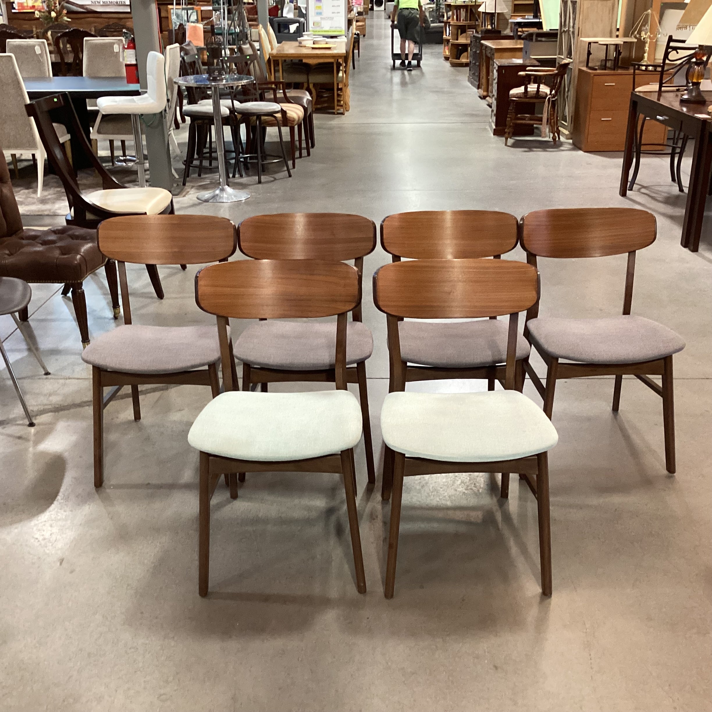 SET of 6 Mid Century Style Walnut Blue & Grey Seat Dining Chairs 18"x 18"x 30.5"
