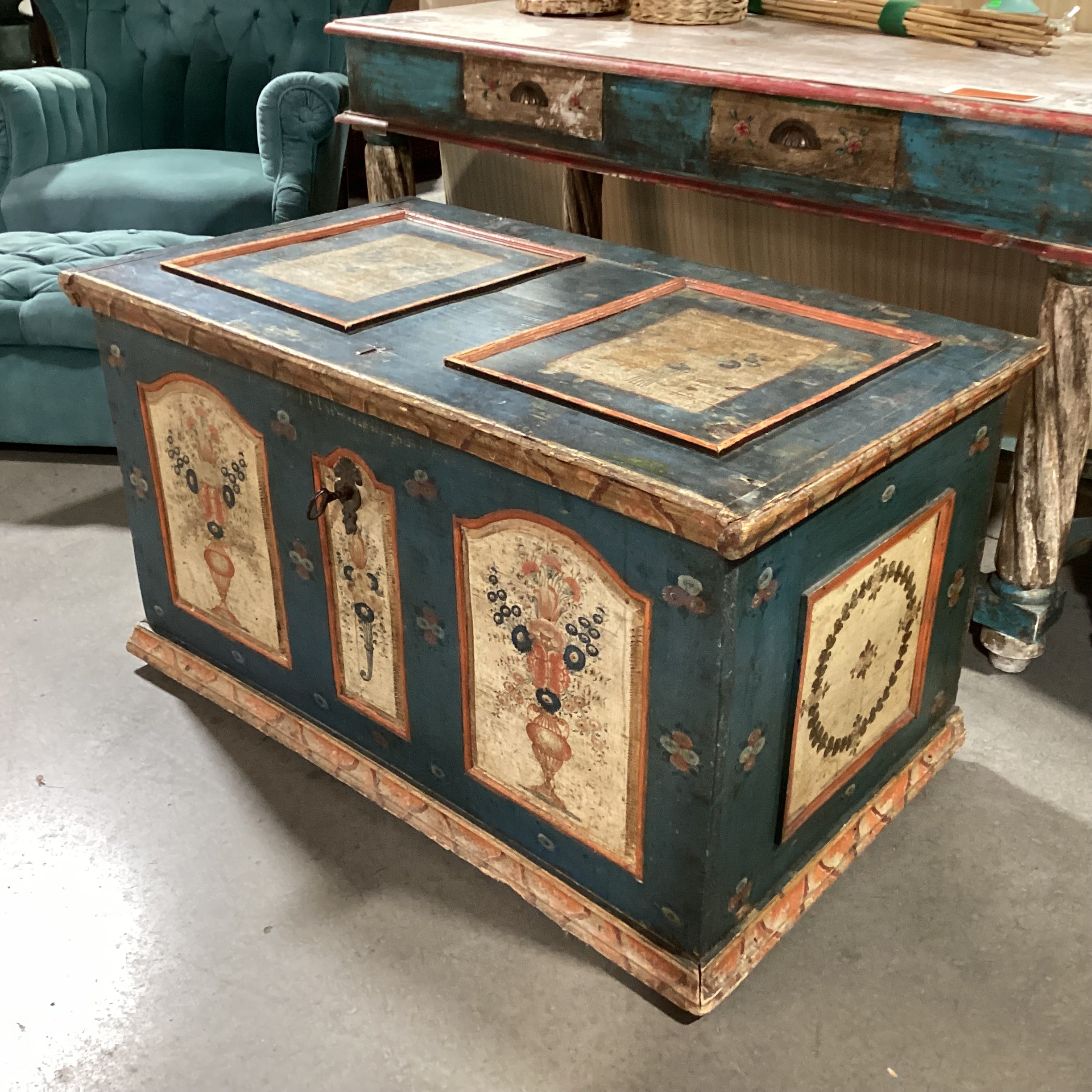 Antique Carved Wood Hand Painted Blue with Floral Panels Trunk 42"x 25"x 23.5"
