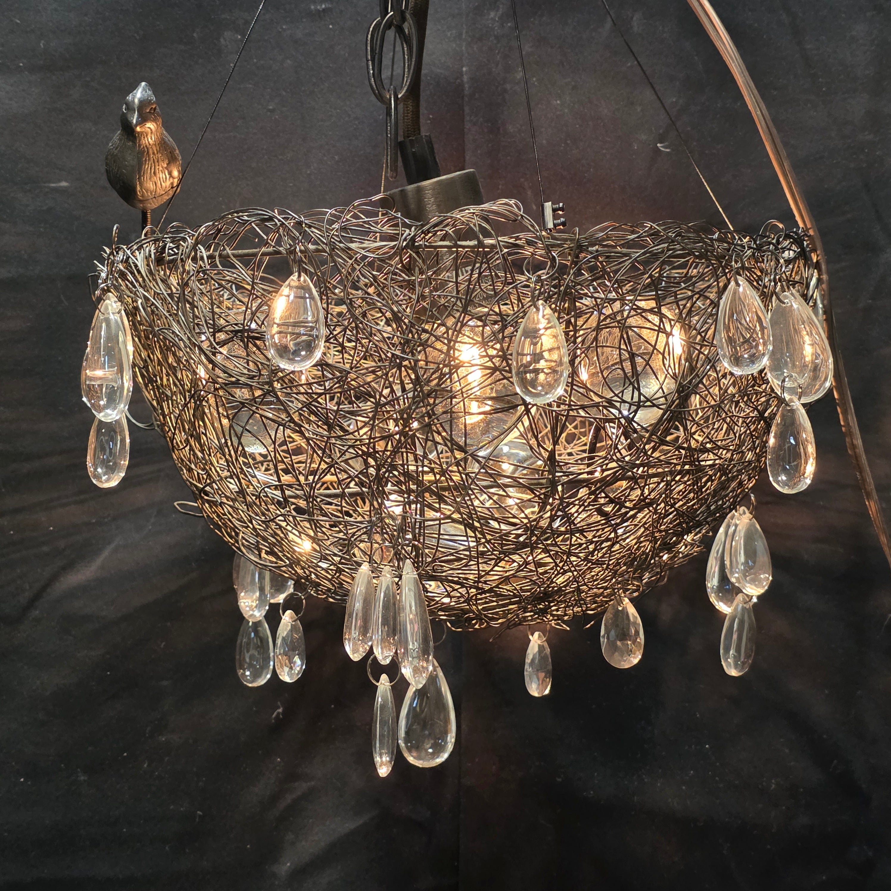 Cardinal Bird's Nest Chandelier with Glass Eggs and Glass Droplets 13"Dx8"