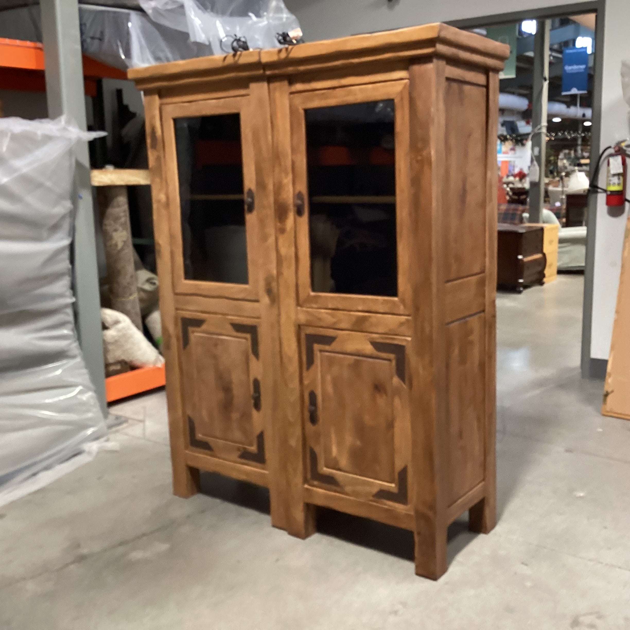 SET of 2 Solid Rustic Wood 4 Door with Shelves Double Lighted Cabinet Bookcase 57"x 23"x 75"