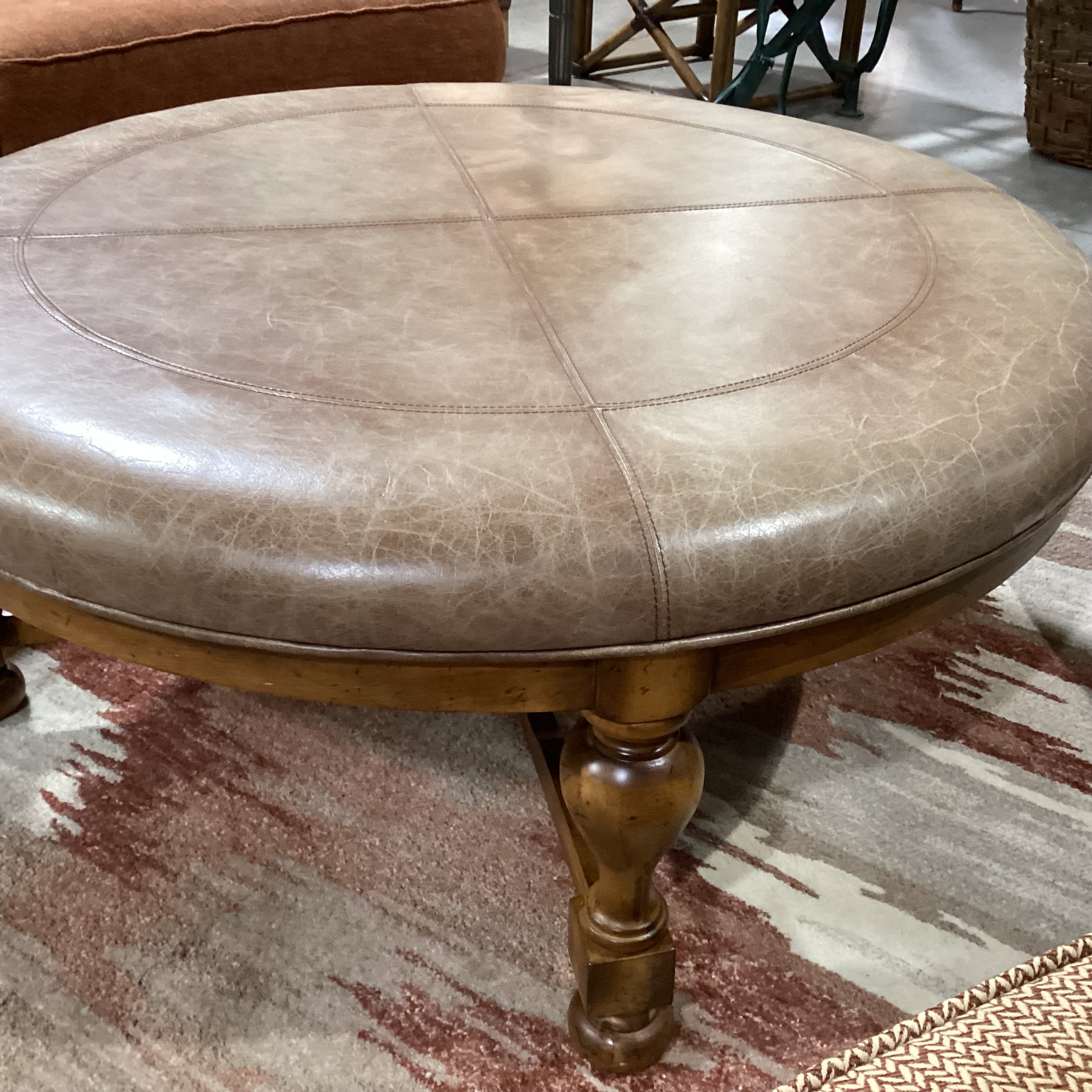 Carved Wood & Distressed Leather Round Ottoman 45" Diameter x 19.5"