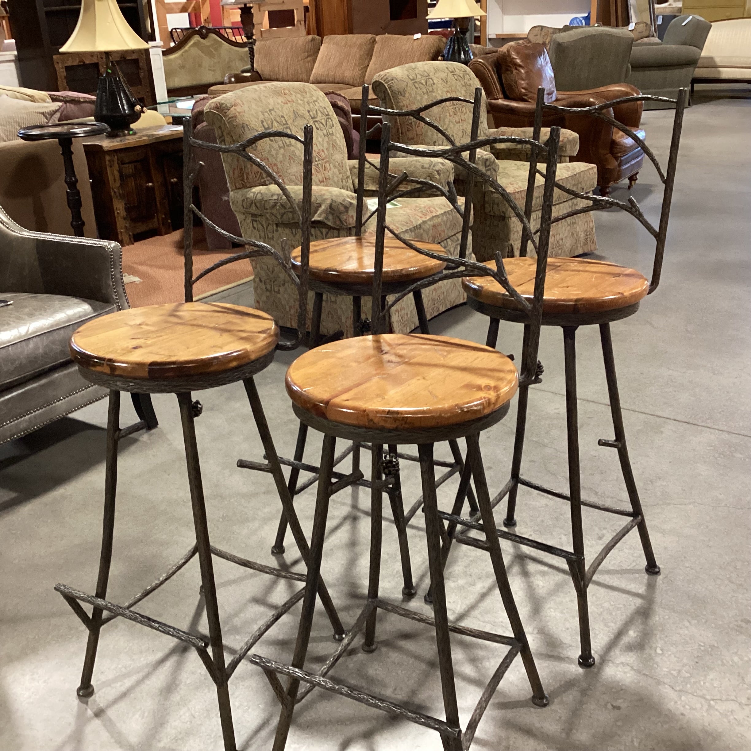 SET of 4 Pinecone & Branch Iron Solid Wood Swivel Seat Barstools 31"