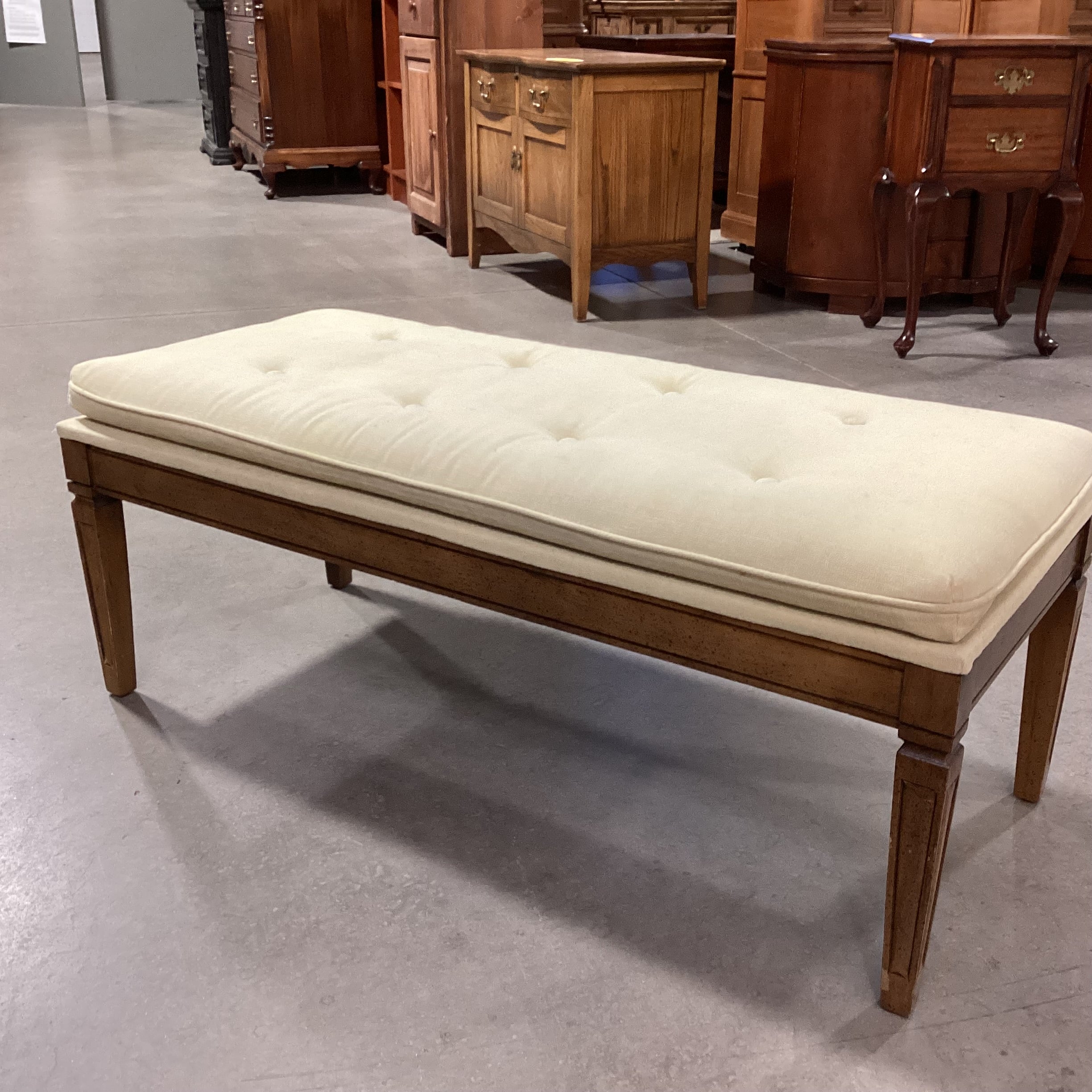 Vintage Carved Wood & Reed Green Button Tufted Bench 44"x 19"x 17"