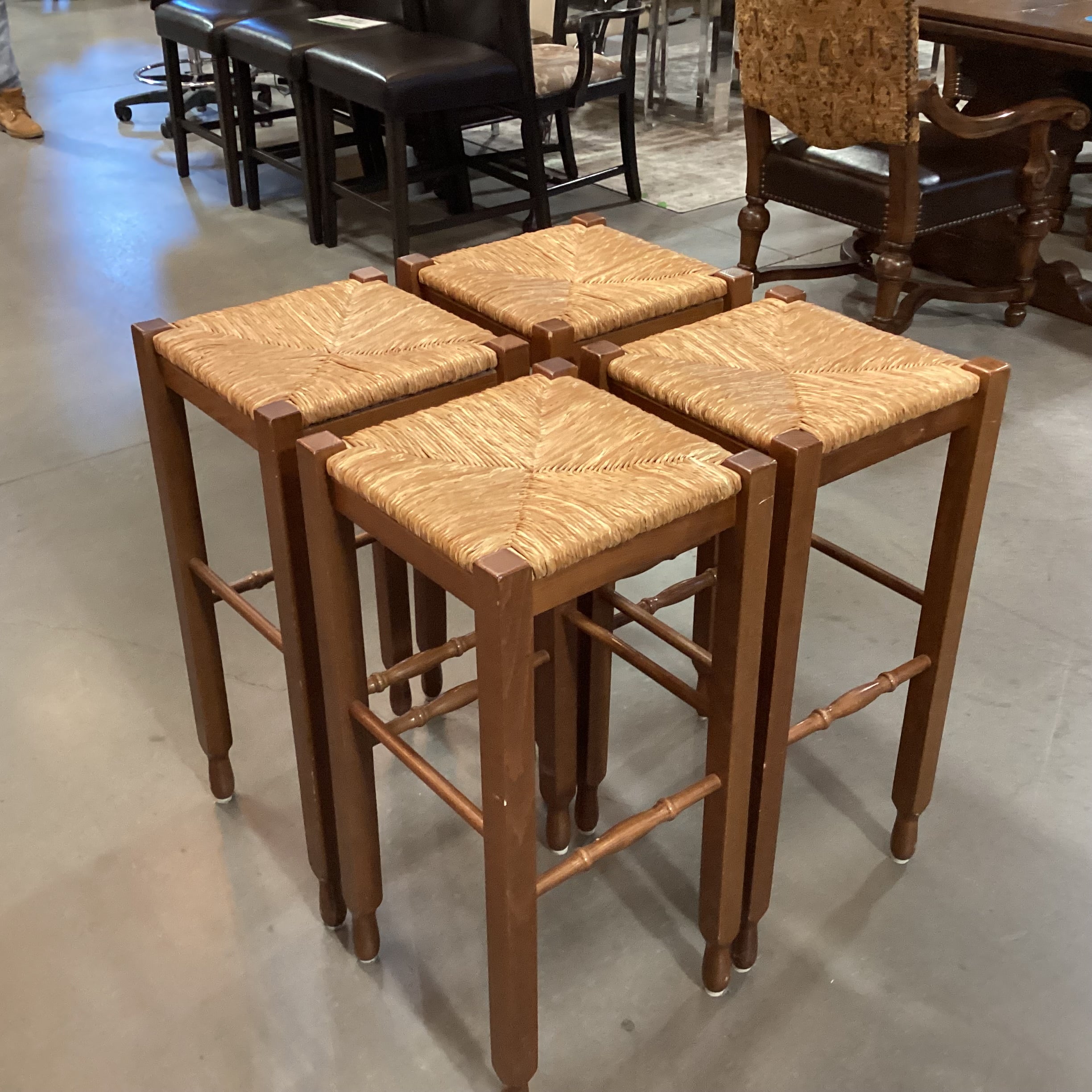 SET of 4 Carved Wood & Rush Seat Barstools 30"
