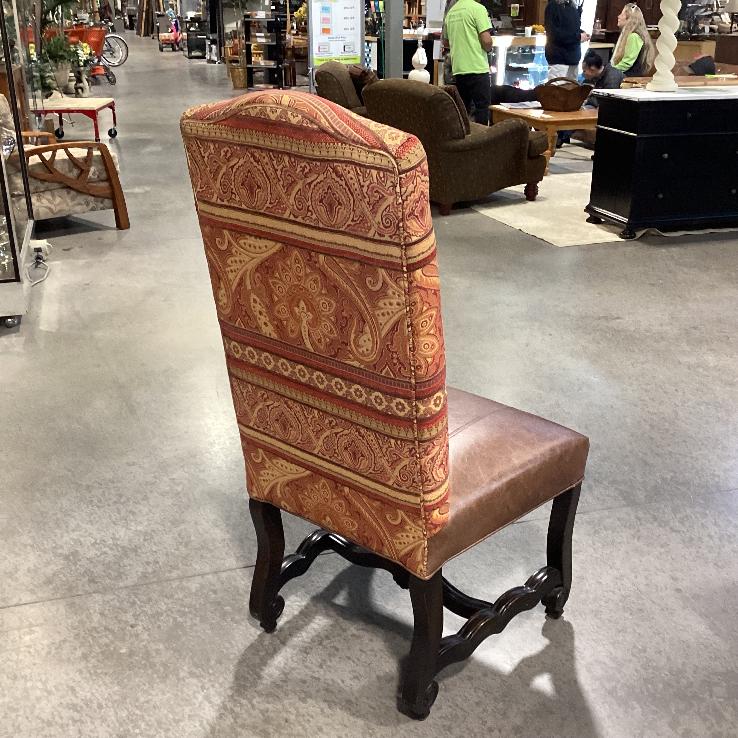 SET of 8 Carved Antiqued Black Wood Leather & Orange Gold Upholstered Dining Chairs 23"x 22"x 46"