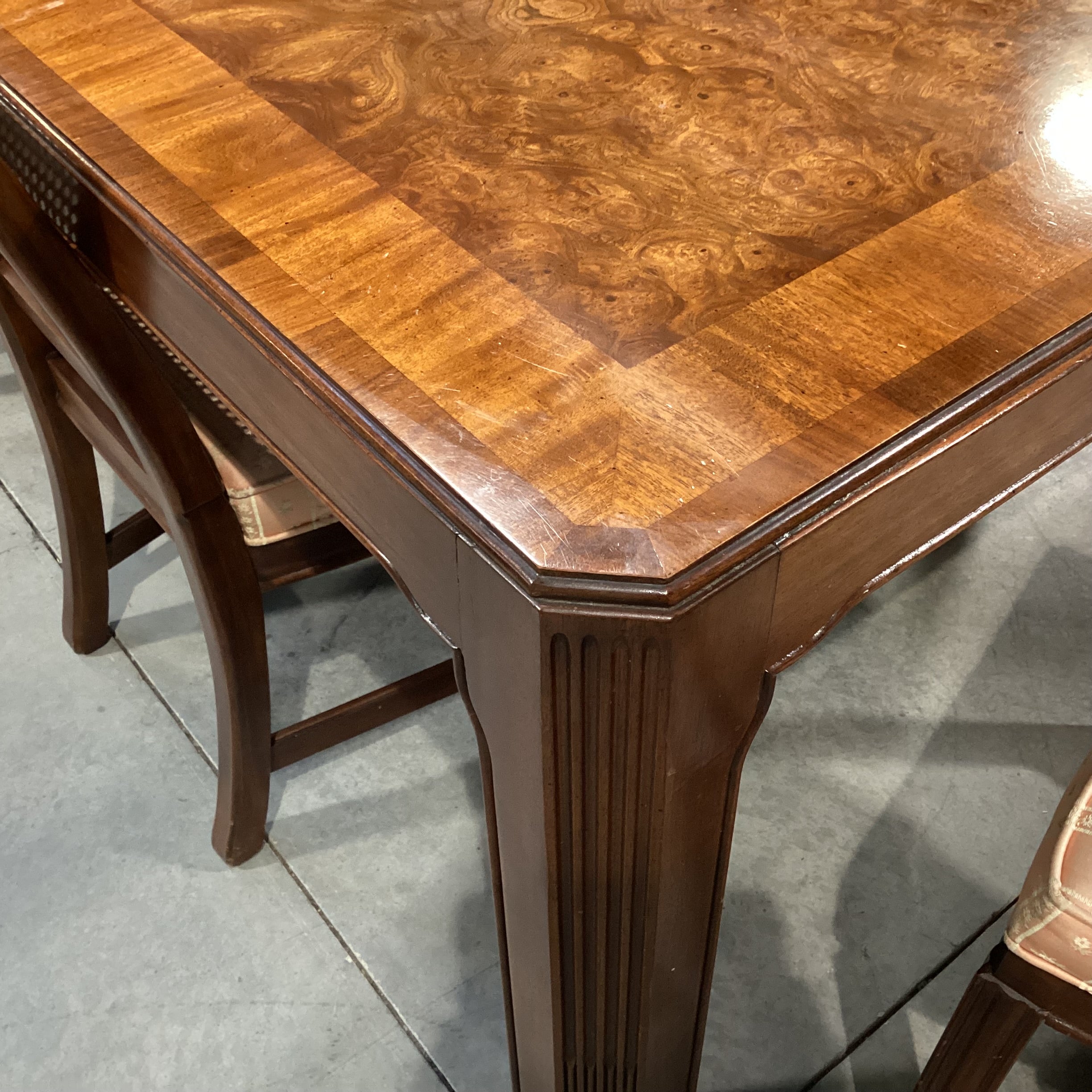 White Furniture Finished Wood & Burl Wood Veneer 2 Leaves Table with 8 Caned Chairs Dining Set 68" to 110"x 43"x 29.5"