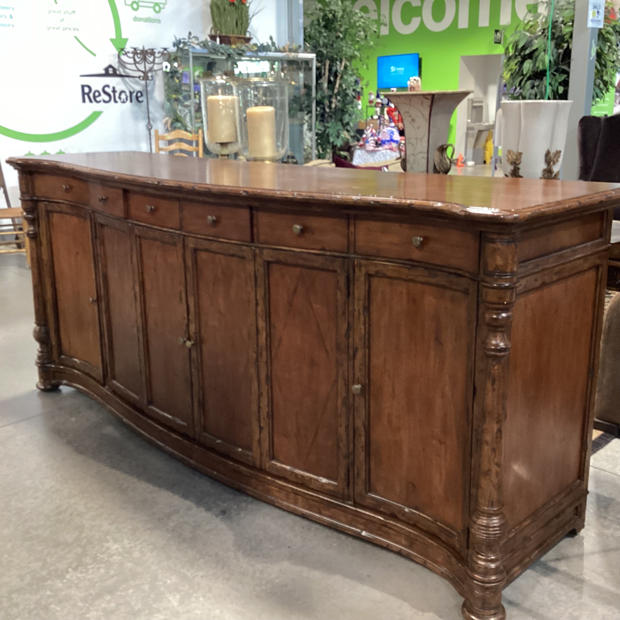 Solid Distressed Finished Carved Wood 4 Door 6 Drawer Sideboard 100.5"x 27"x 43"