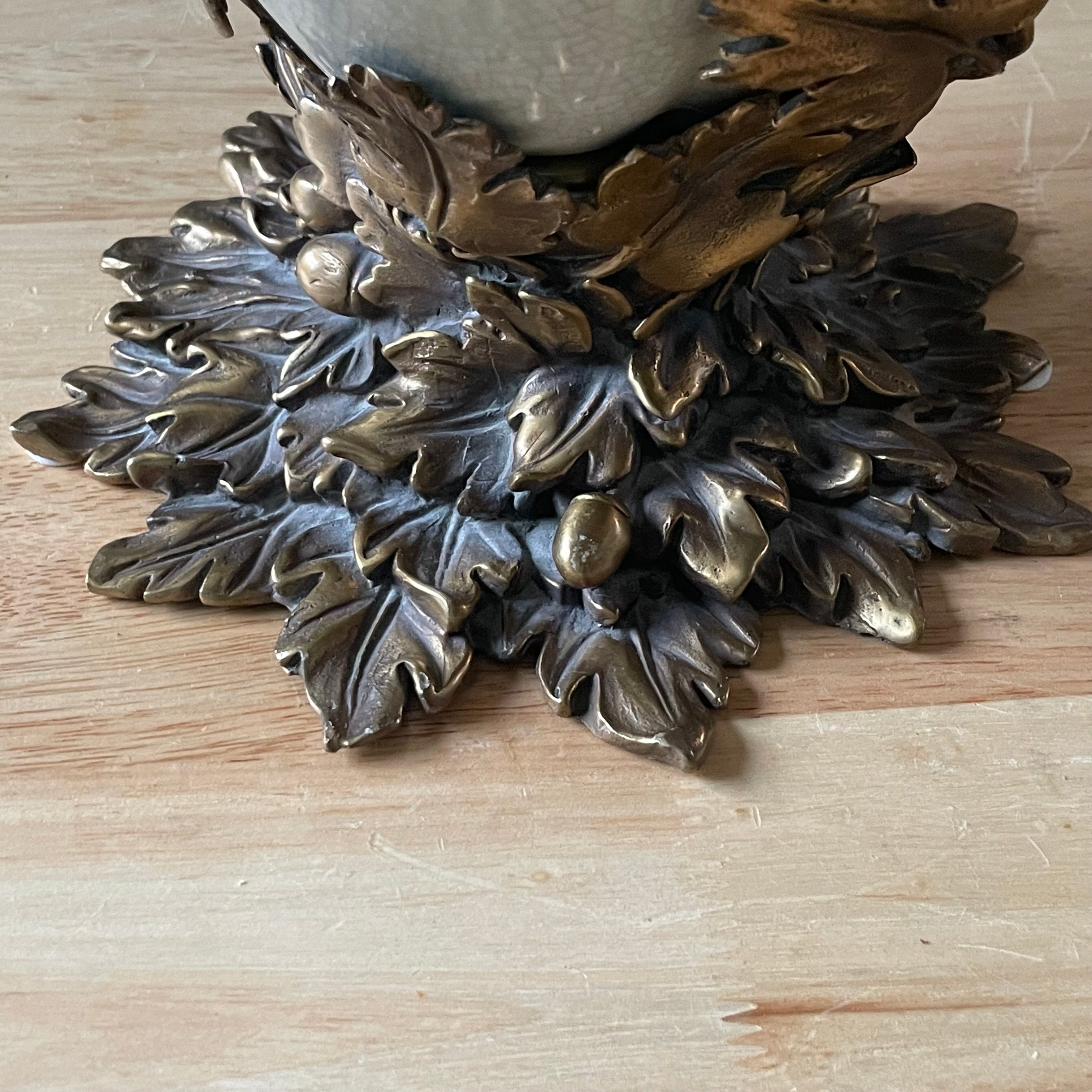 Porcelain Crackle Glazed, Brass Acanthus Leaves Design Base Vase/Plinth, 8.5"x 15.5"