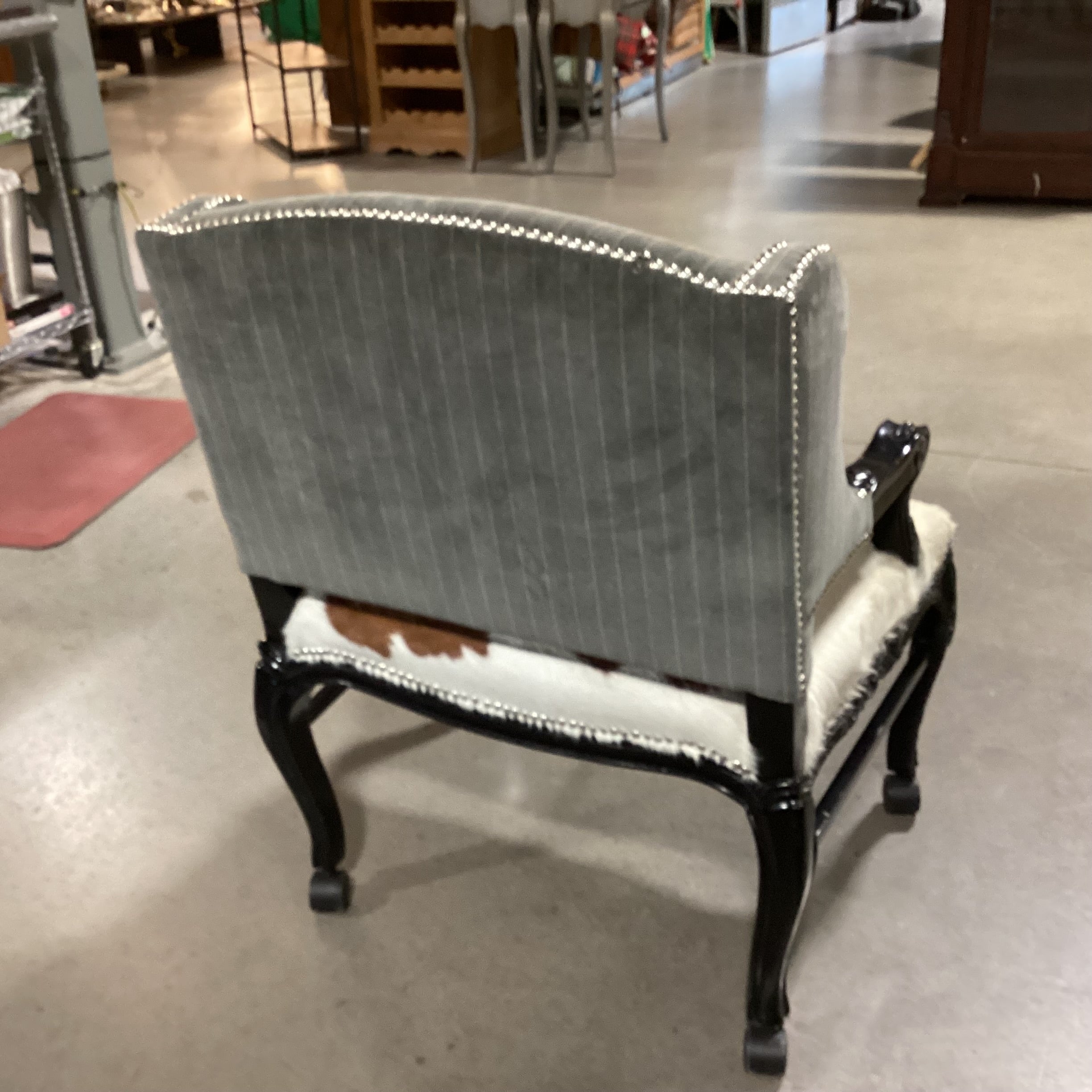 Carved Wood Cowhide & Grey Velvet Nailhead on Casters Chair 28"x 25"x 37"