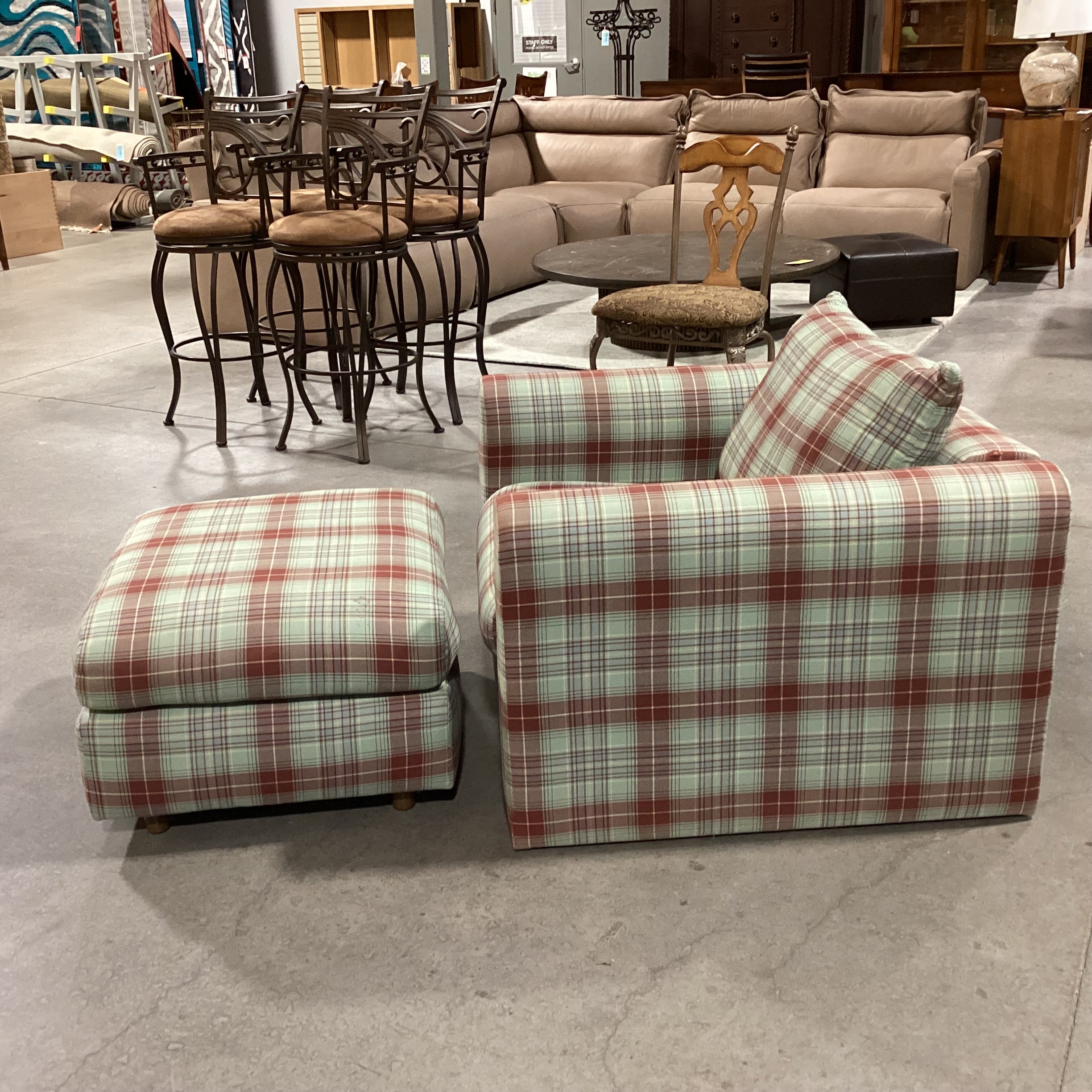 Green Rust Blue Woven Plaid with Ottoman Chair 38"x 36"x 25"