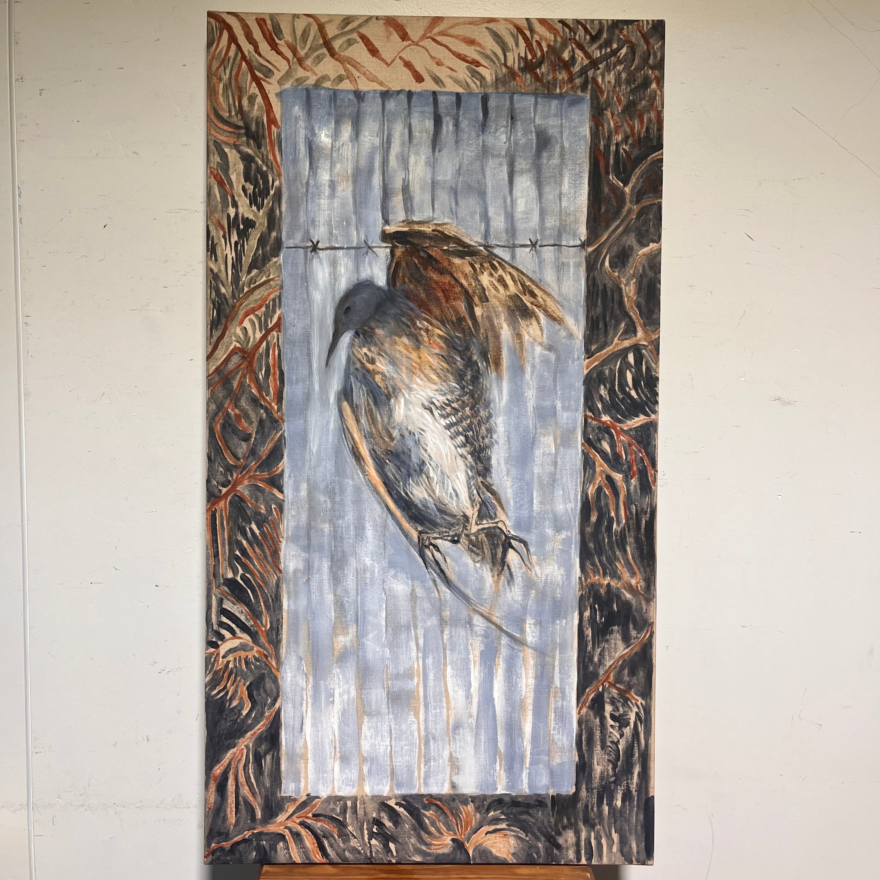 Original Acrylic on Canvas Painting of Bird Caught in Barbed Wire Wall Decor; 24"x 45"