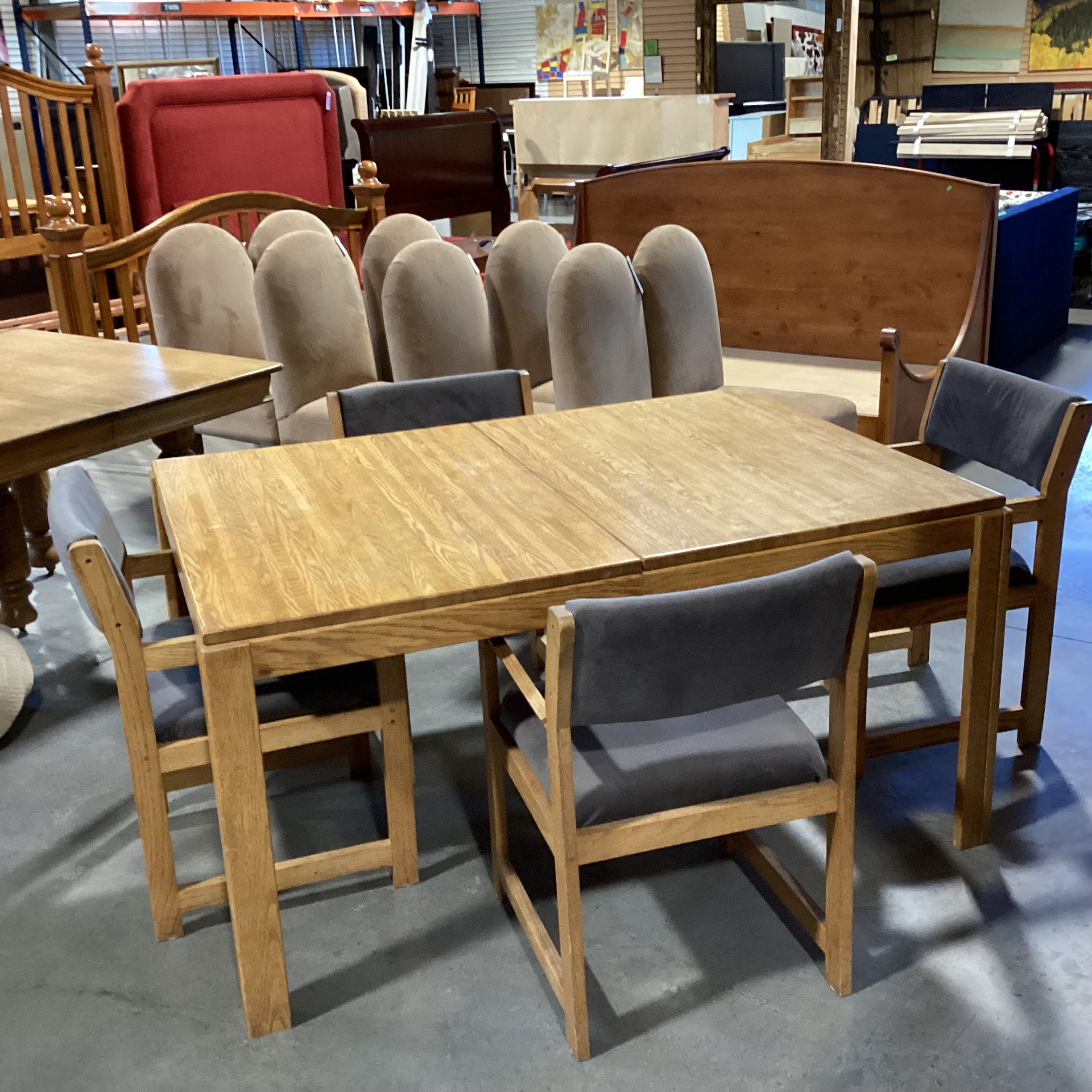Vintage Oak Table with 4 Grey Velvet Chairs Dining Set 59"x 42"x 29.5"