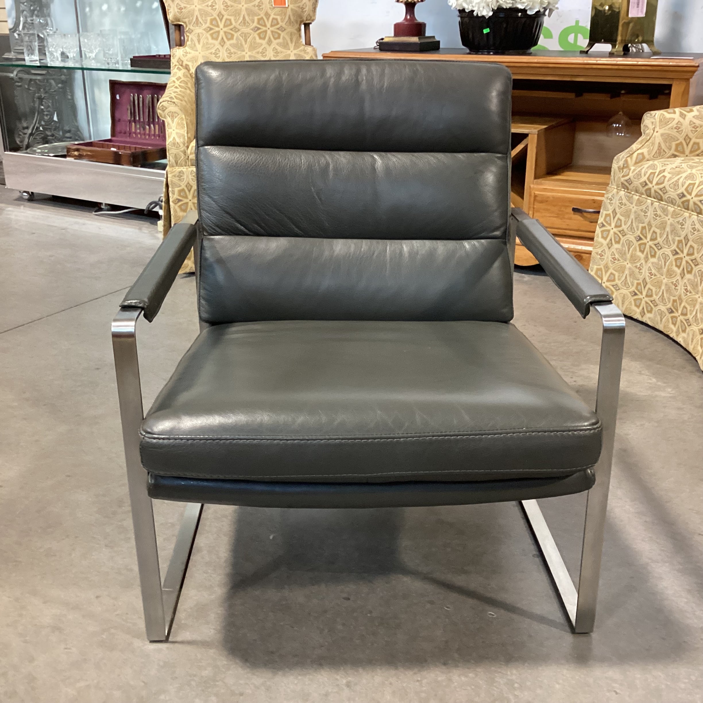 Violino Furniture Olive Grey Leather & Chrome Stainless Mid Century Modern Style Lounge Chair 28"x 32"x 32"