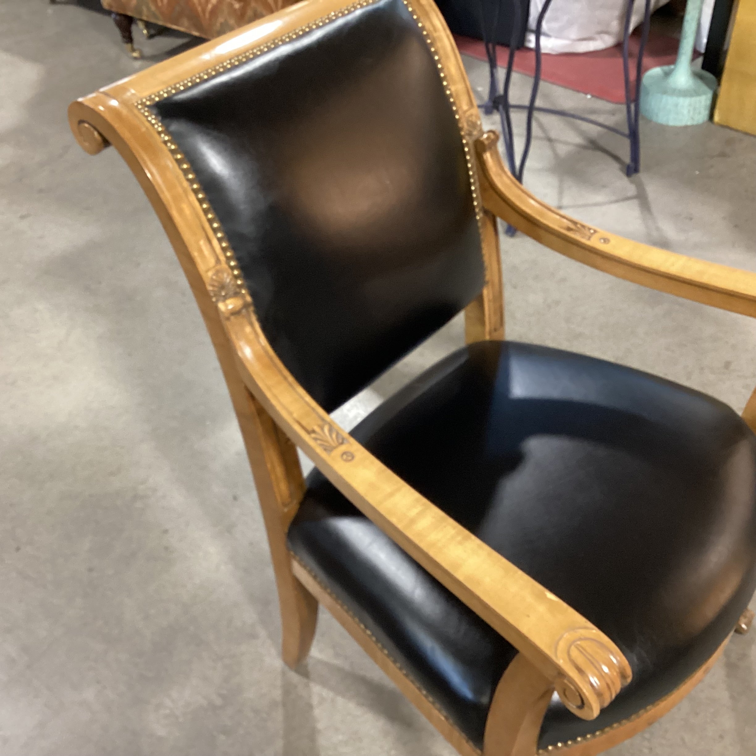 Brustlin Workshop Ornate Carved Wood Black Leather Nailhead Chair 25"x 28"x 35.5"