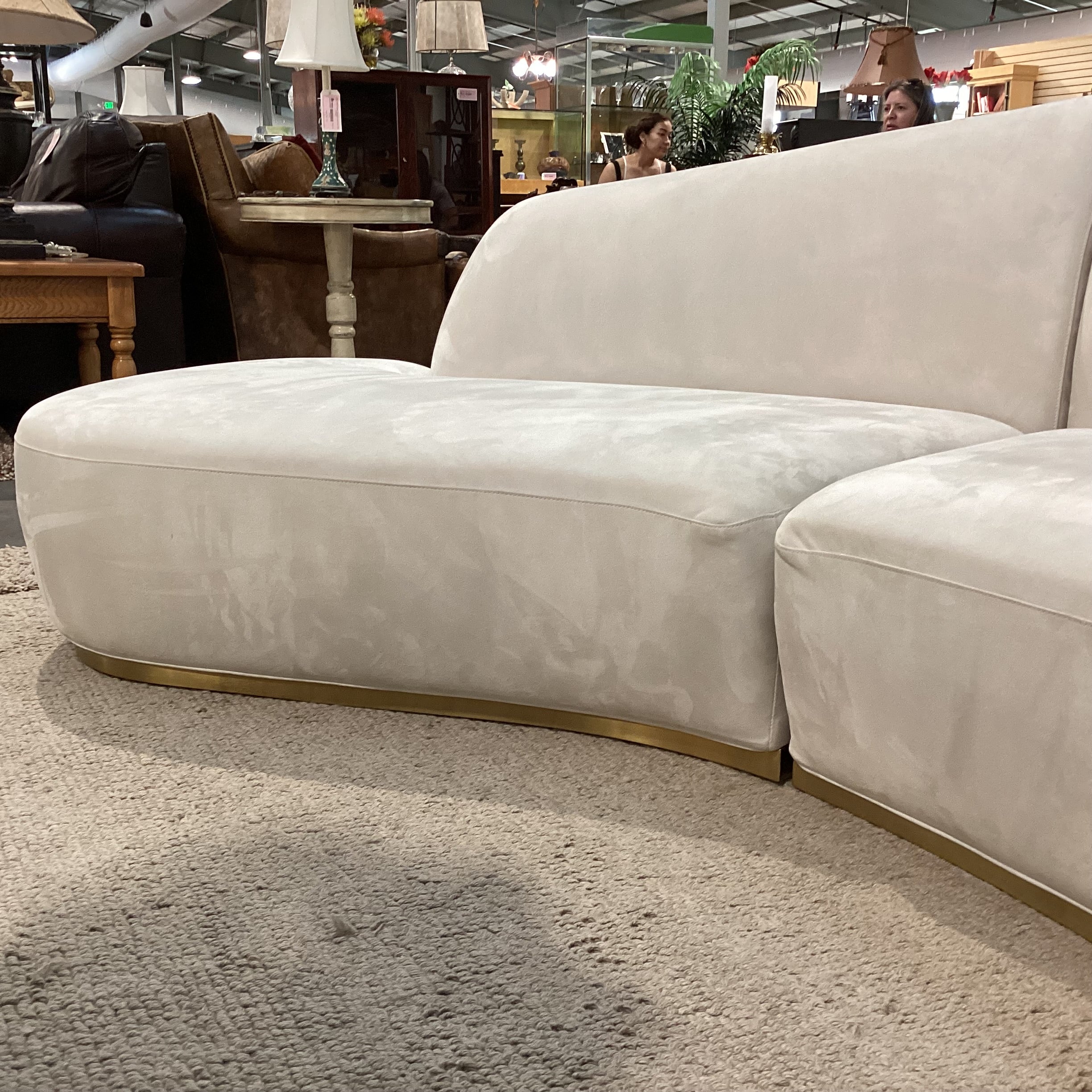 Rove Concepts Reya Dove Grey with Brass Finish Base Curved 2 Piece Sectional 134"x 66"x 36"x 32"