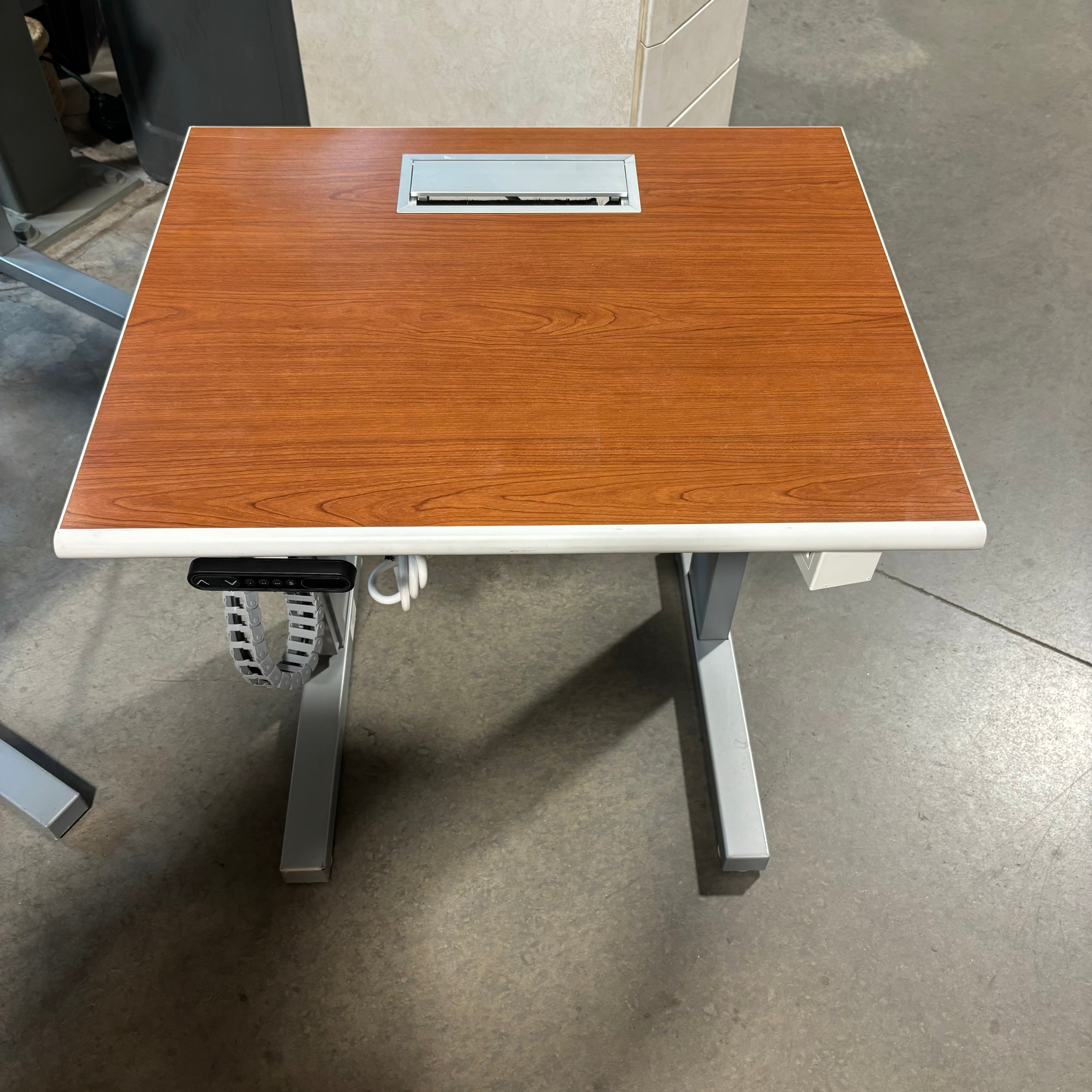 LINAK Dark Wood Veneer with Steel Base Adjustable Sit to Stand Desk 28"x 24"x 27" to 43"