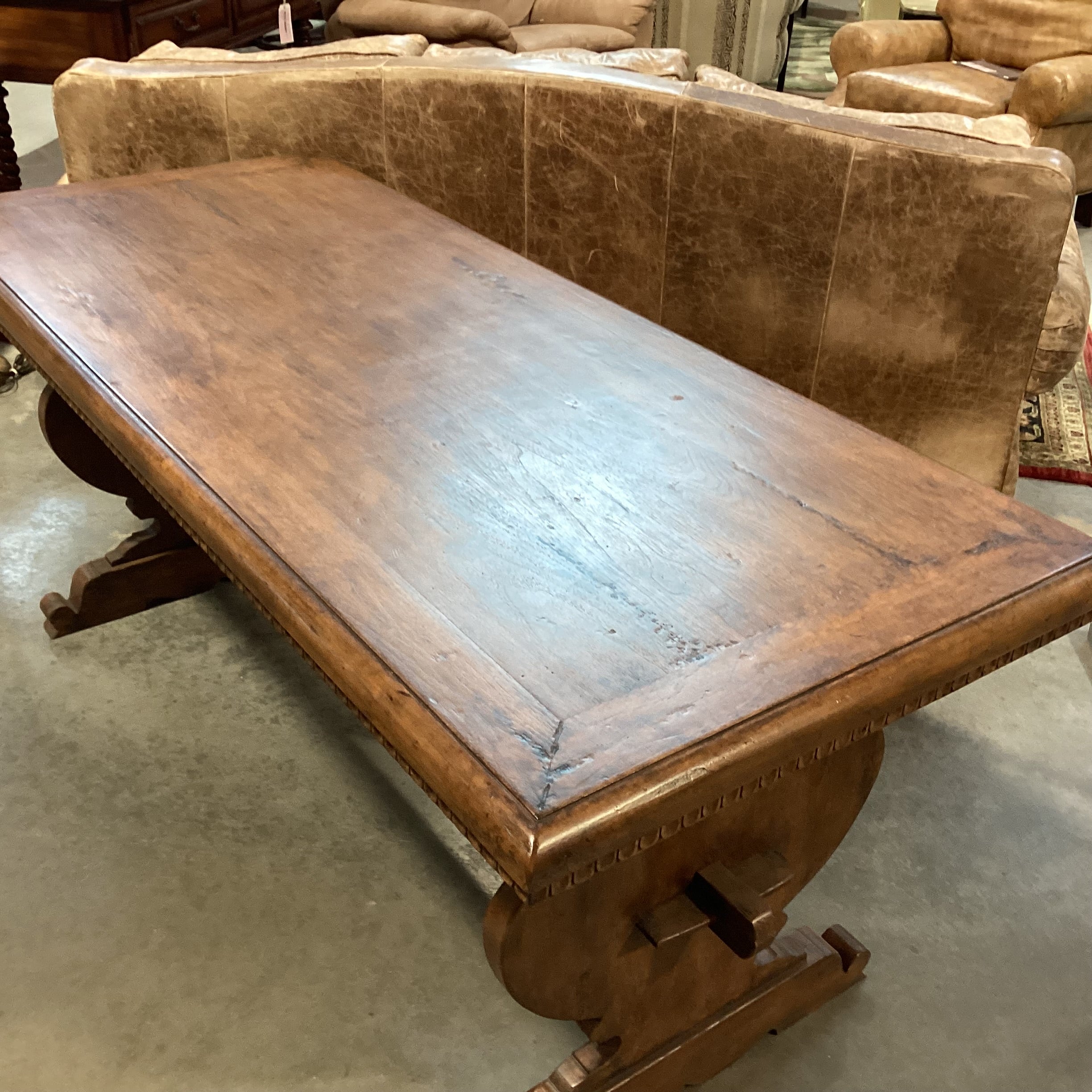 Distressed Finish Carved Wood with Dental Detail& Trestle Accent Table 70.5"x 30"x 30"