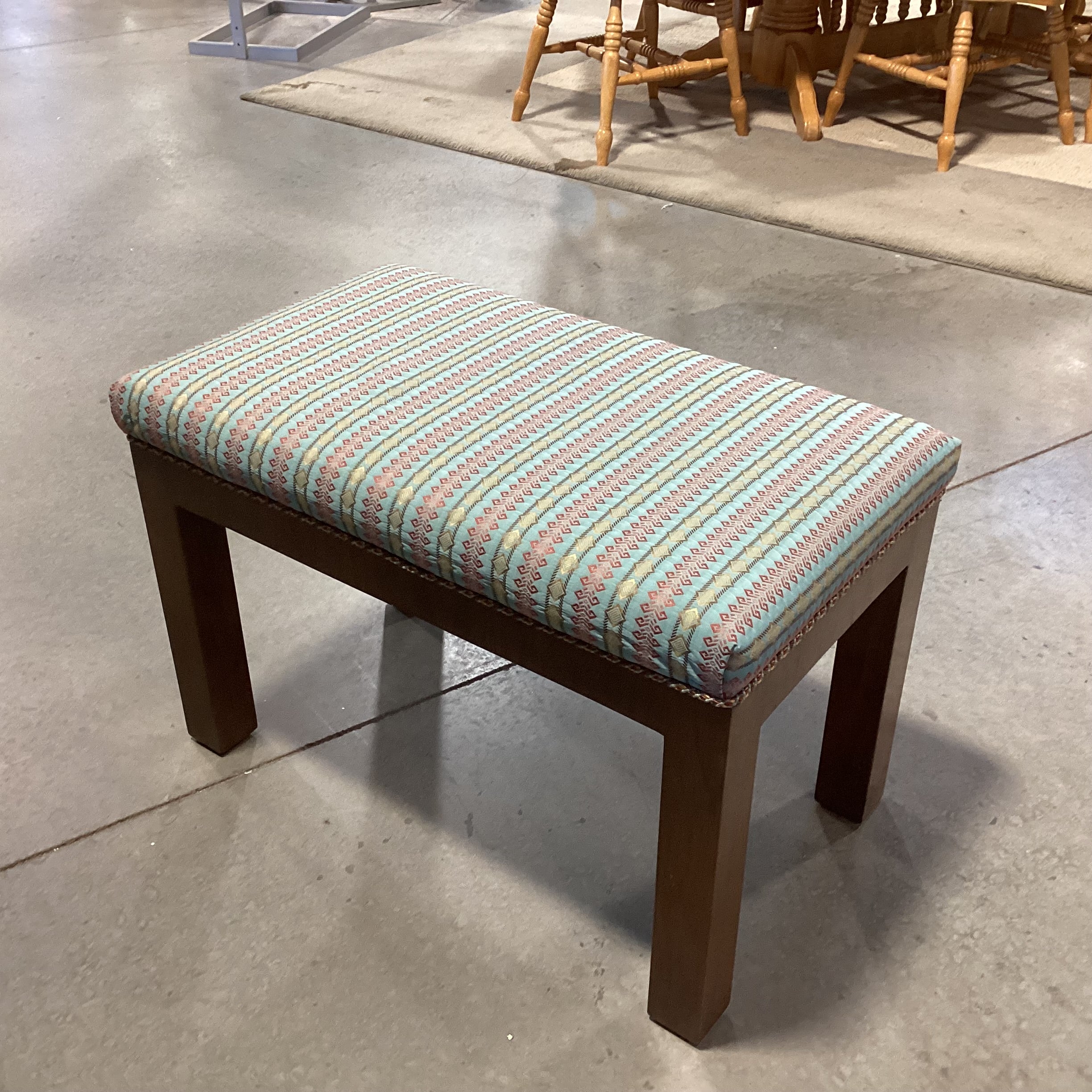 Blue Red & Gold Ribbon Style Fabric & Wood Bench 29.5"x 17.5"x 19.5"