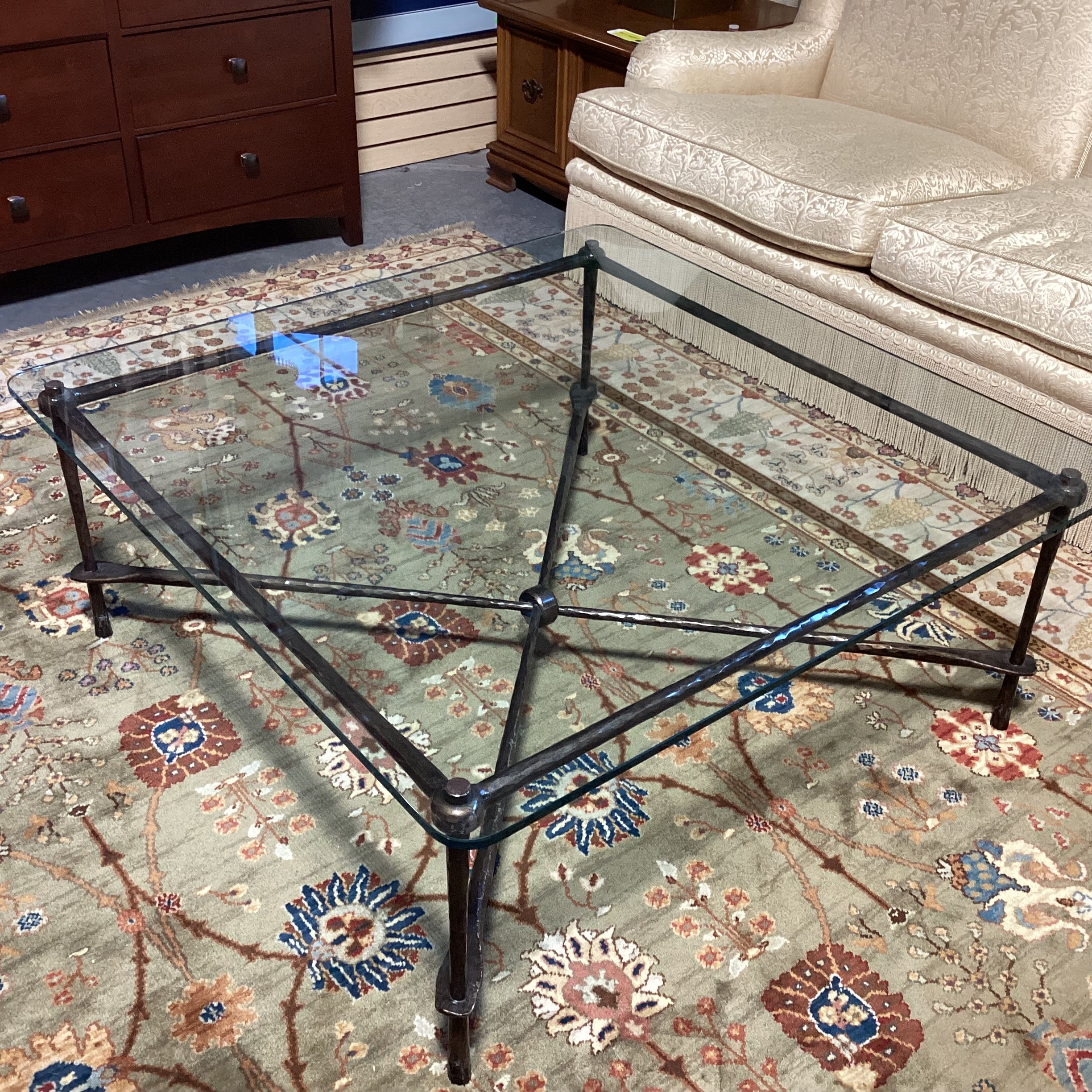Textured Iron X Base & Glass Coffee Table 43"x 43"x 18"