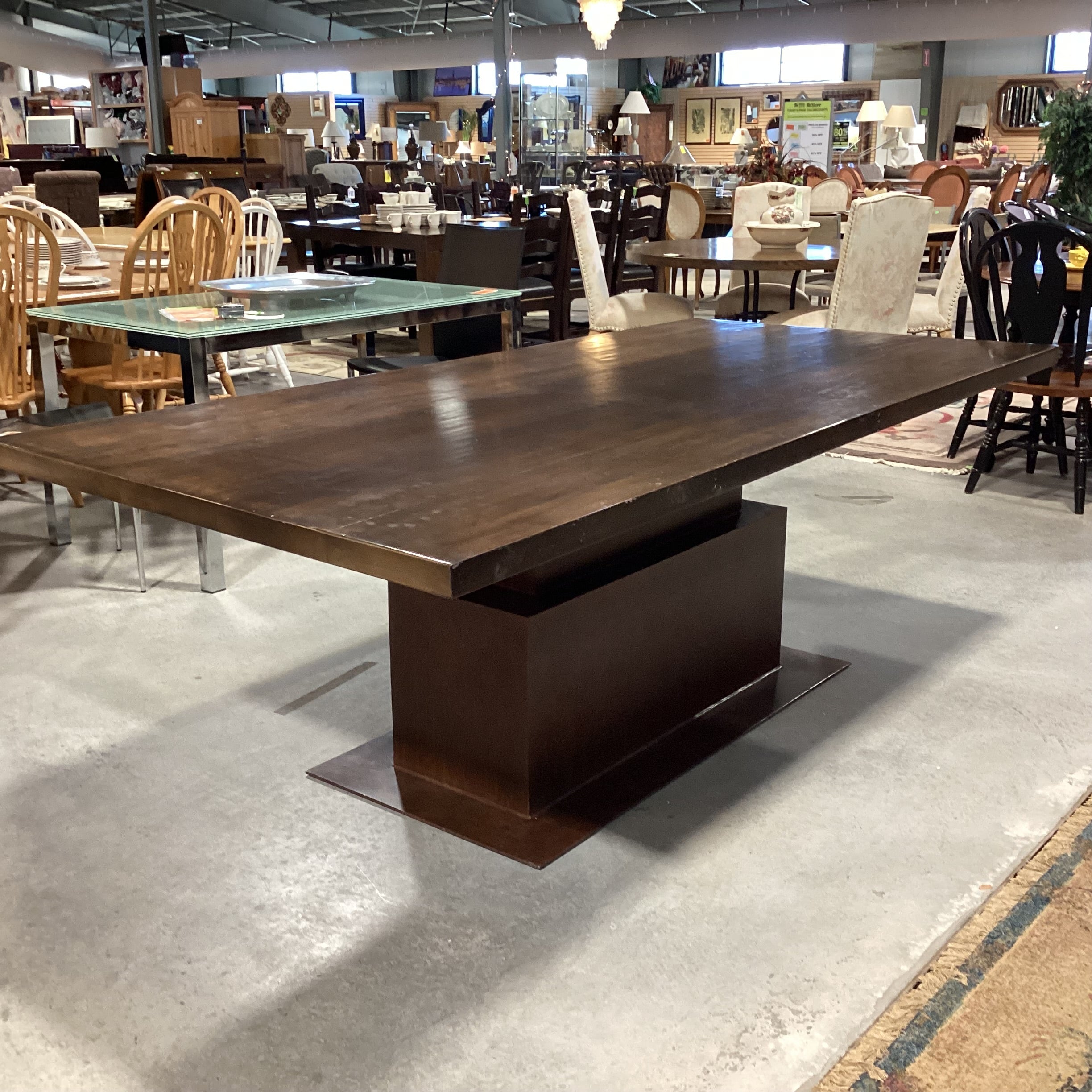 Modern Finished Wood & Steel Pedestal Dining Table 88"x 42"x 29.5"