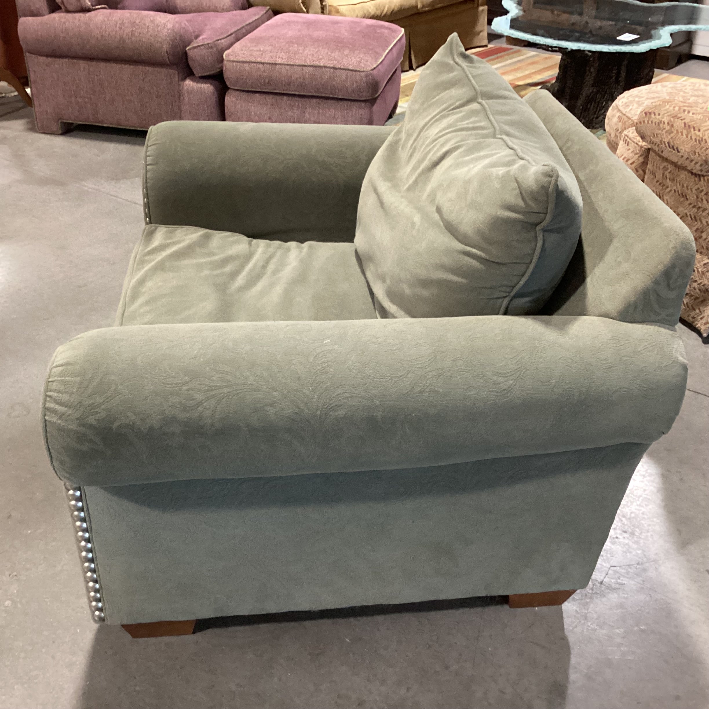 Sage Raised Scroll Floral & Nailhead Chair 50"x 39"x 30"