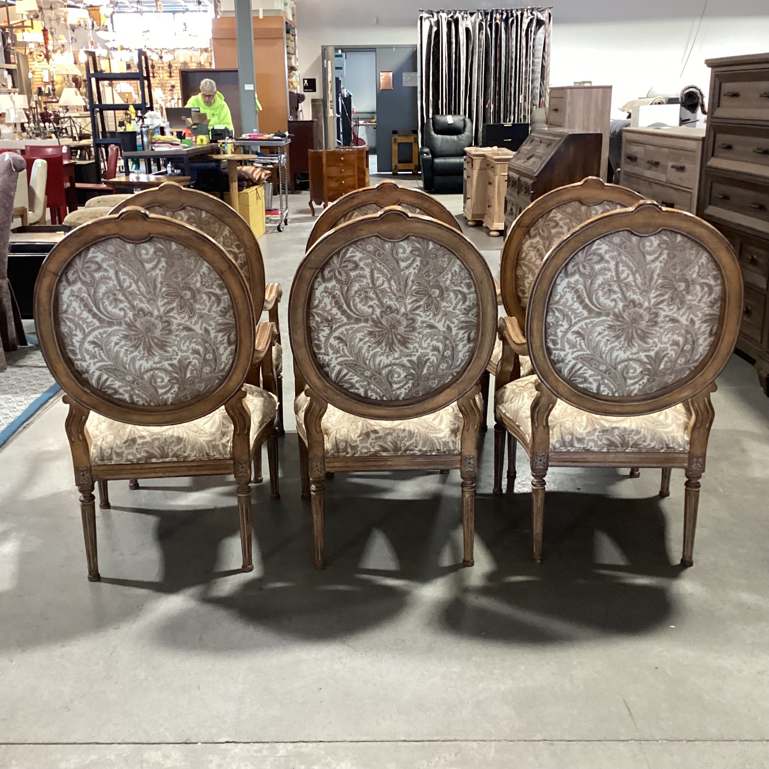 Set of 6 Kreiss Ivory Taupe & Gold Oval Back & Carved Wood Dining Chair 25"x 25"x 42"