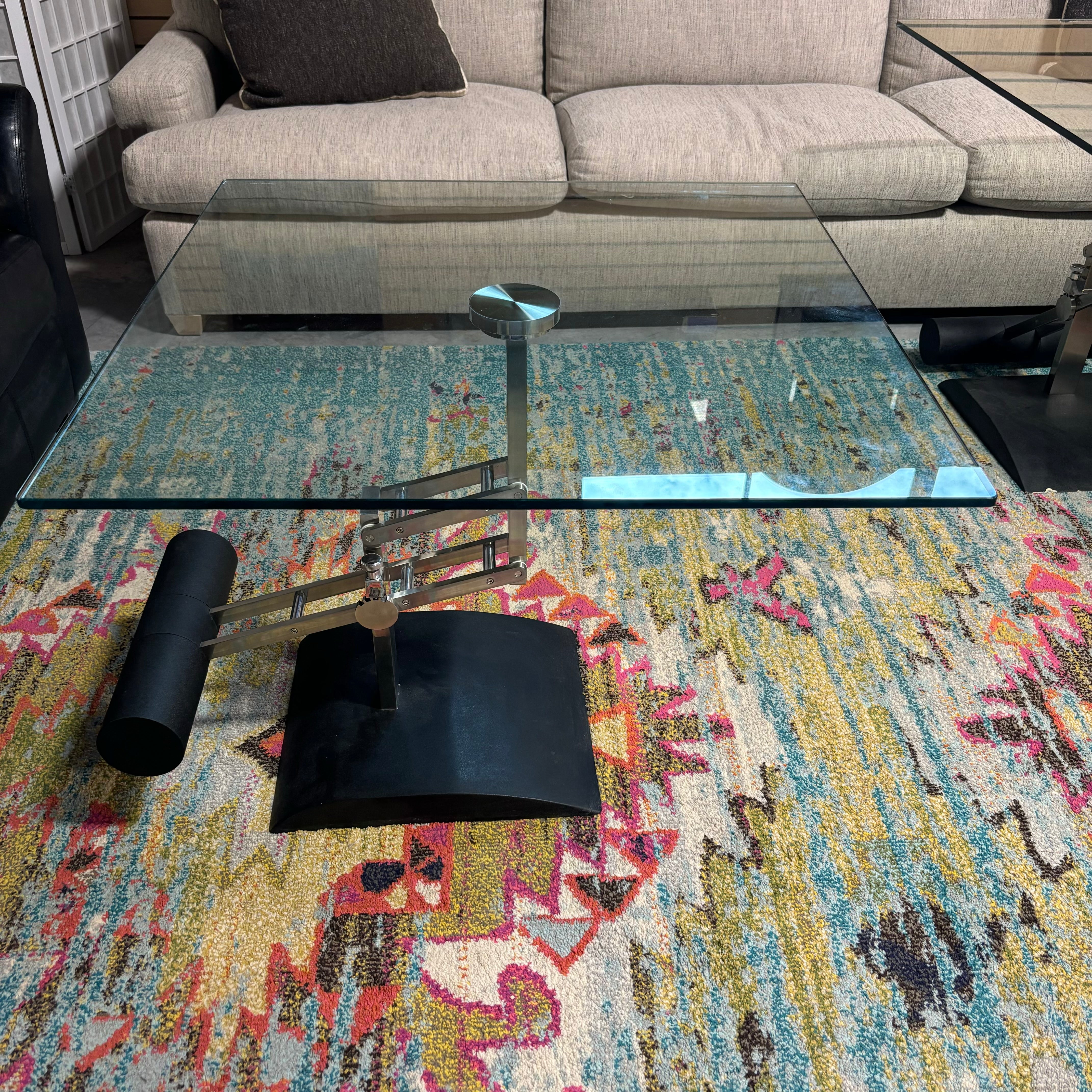 Black & Stainless Steel Adjustable Height Glass Top End Table 34"x 34"x 21.5" to 30"