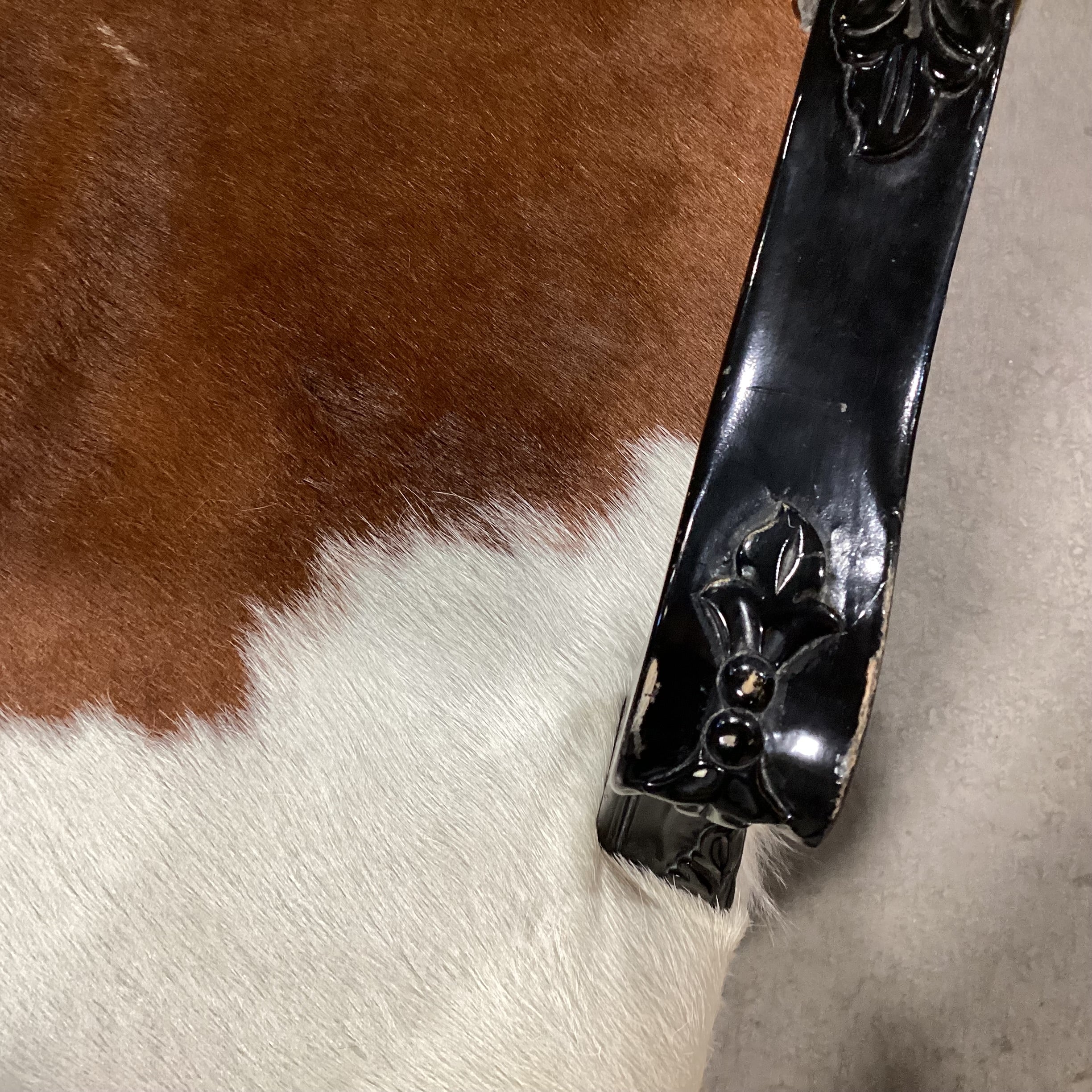 Carved Wood Cowhide & Grey Velvet Nailhead on Casters Chair 28"x 25"x 37"