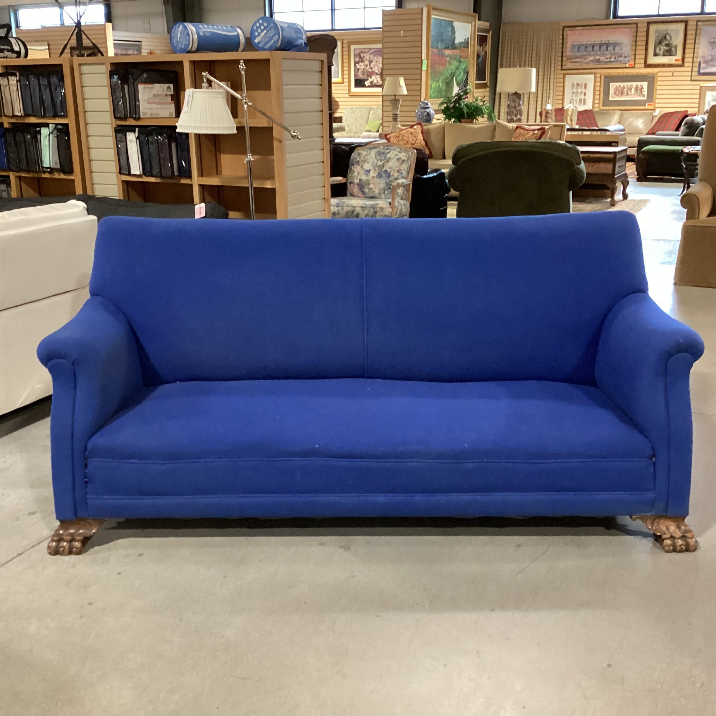 Royal Blue Woven & Carved Clawfoot Sofa 79"x 33"x 37"