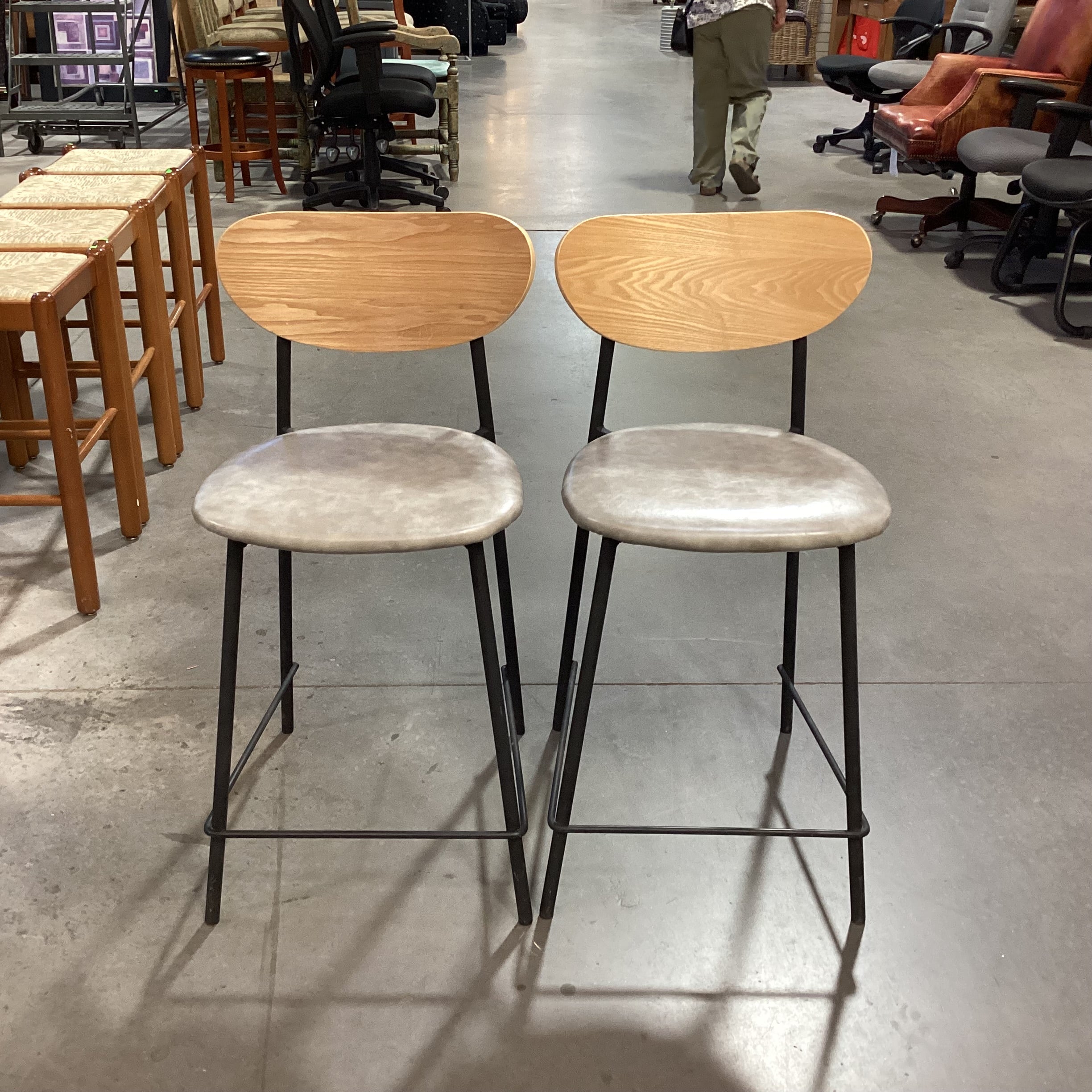 SET of 2 Light Wood Black Metal & Grey Faux Leather Barstools 24"