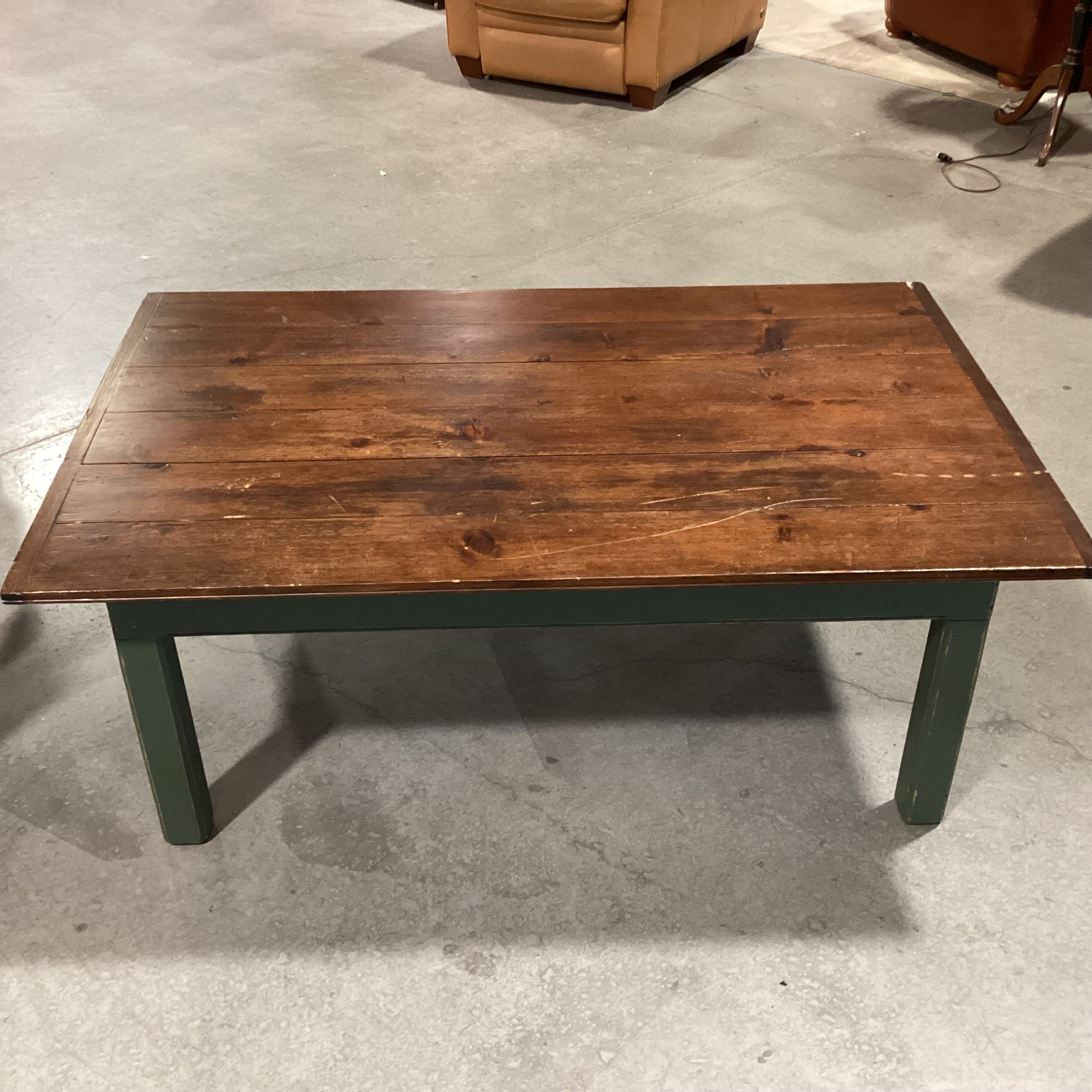 Distressed Finish Plank & Green Wood Coffee Table 48"x 30"x 20"