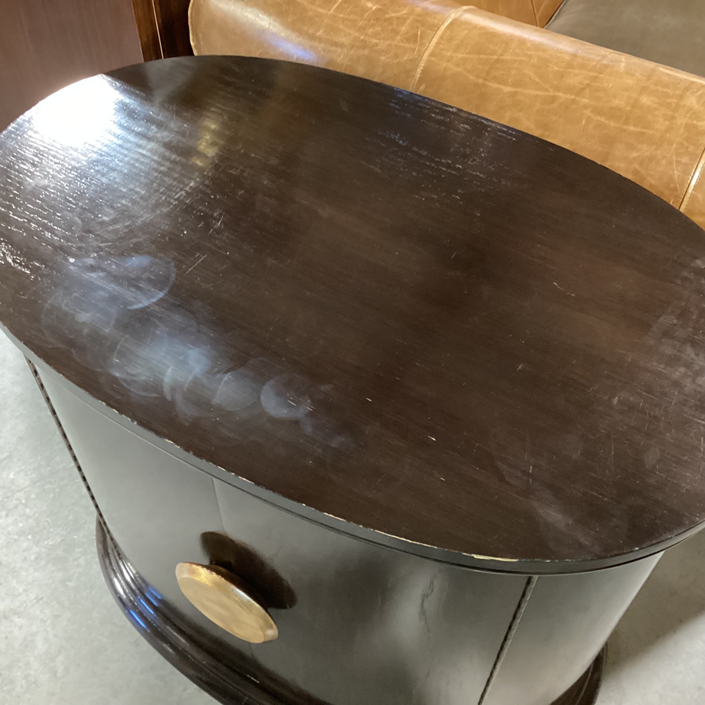 Dark Finish Solid Wood Oval 2 Door Cabinet End Table 32.5"x 21"x 29"