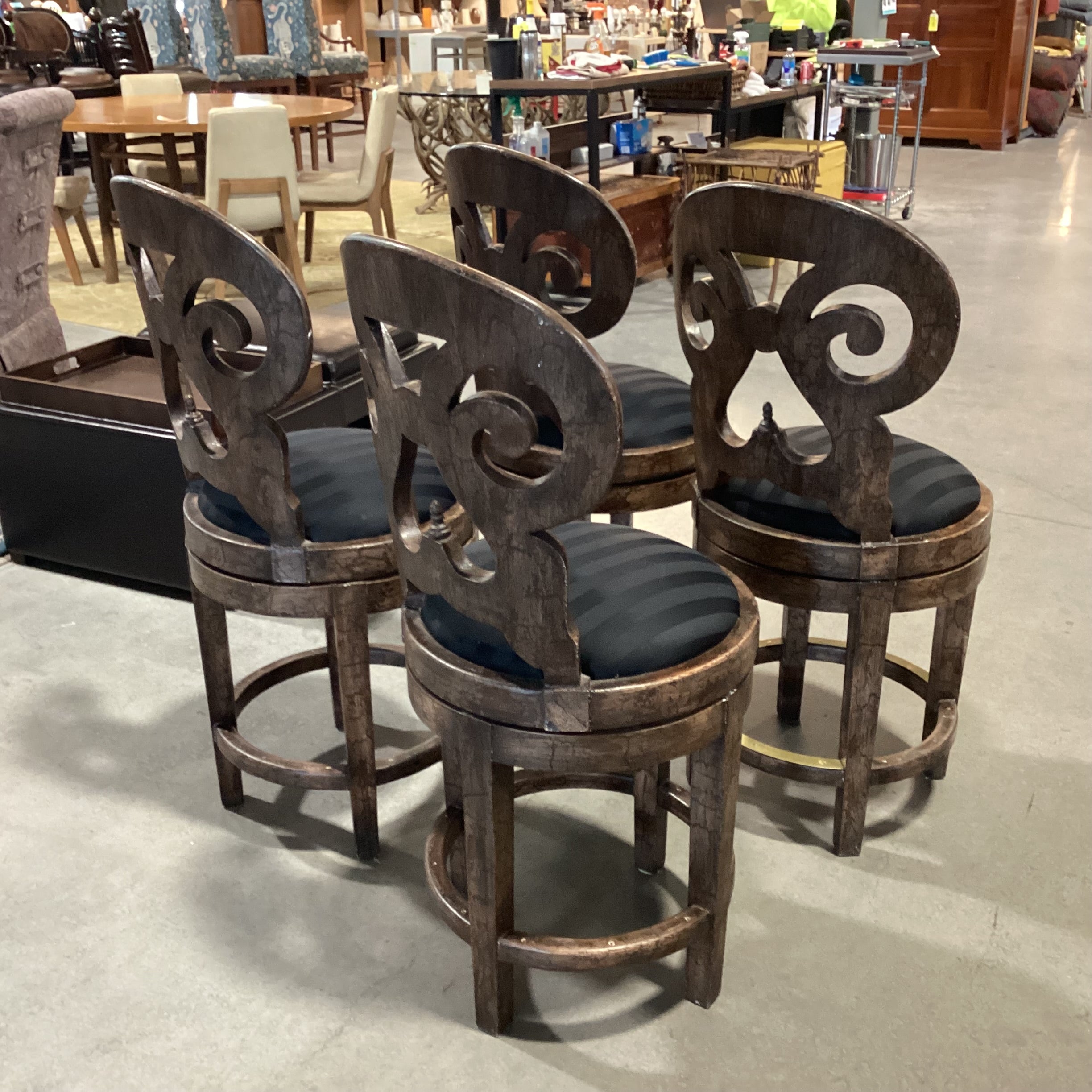 SET of 4 Carved Scroll Back Textured Crackle  Finish & Black Seat Swivel Barstools 25"