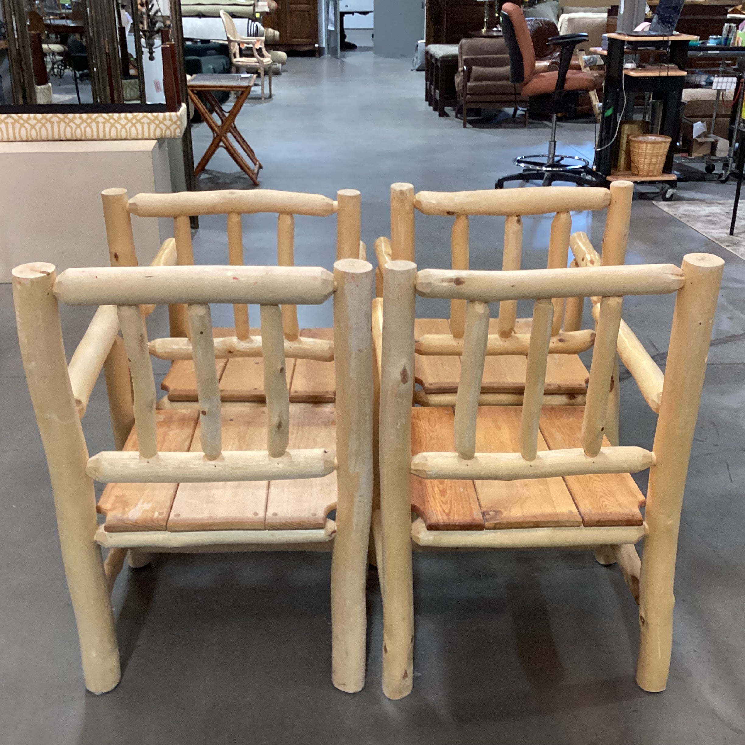 SET of 4 Natural Peeled Log with Plank Seat Armed Dining Chairs 23"x 22"x 36"