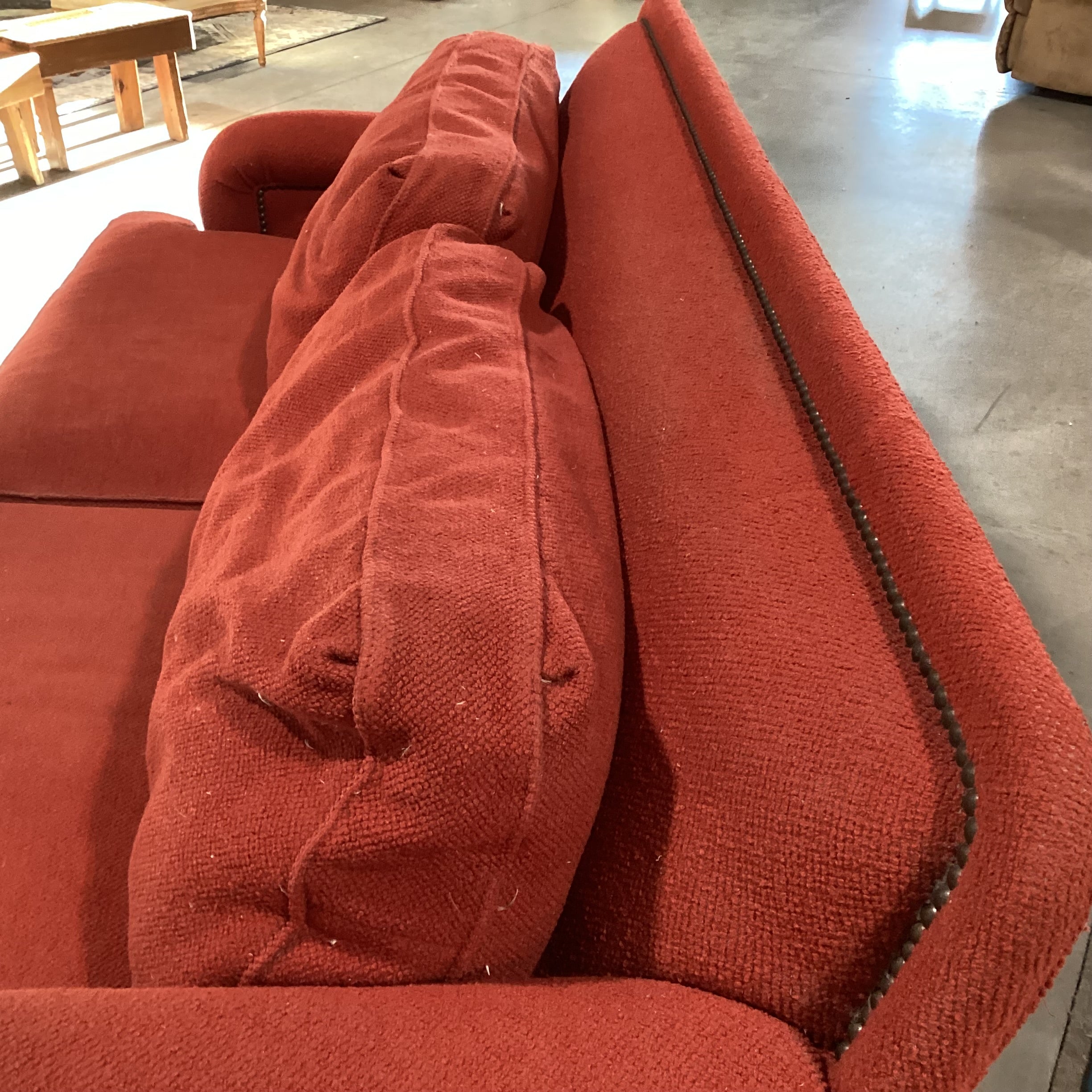Stanford Furniture Red Boucle Nailhead Down Mix Sofa 90"x 41"x 37"