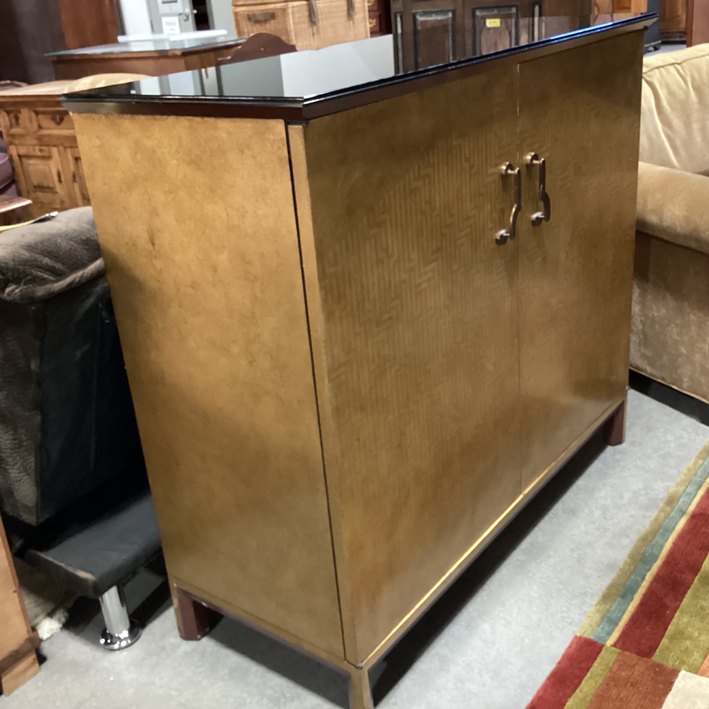 Asian Style Gold Painted Design with Brass Pulls & Black Glass Top 2 Door with Shelves Cabinet Console 49"x 20"x 43"