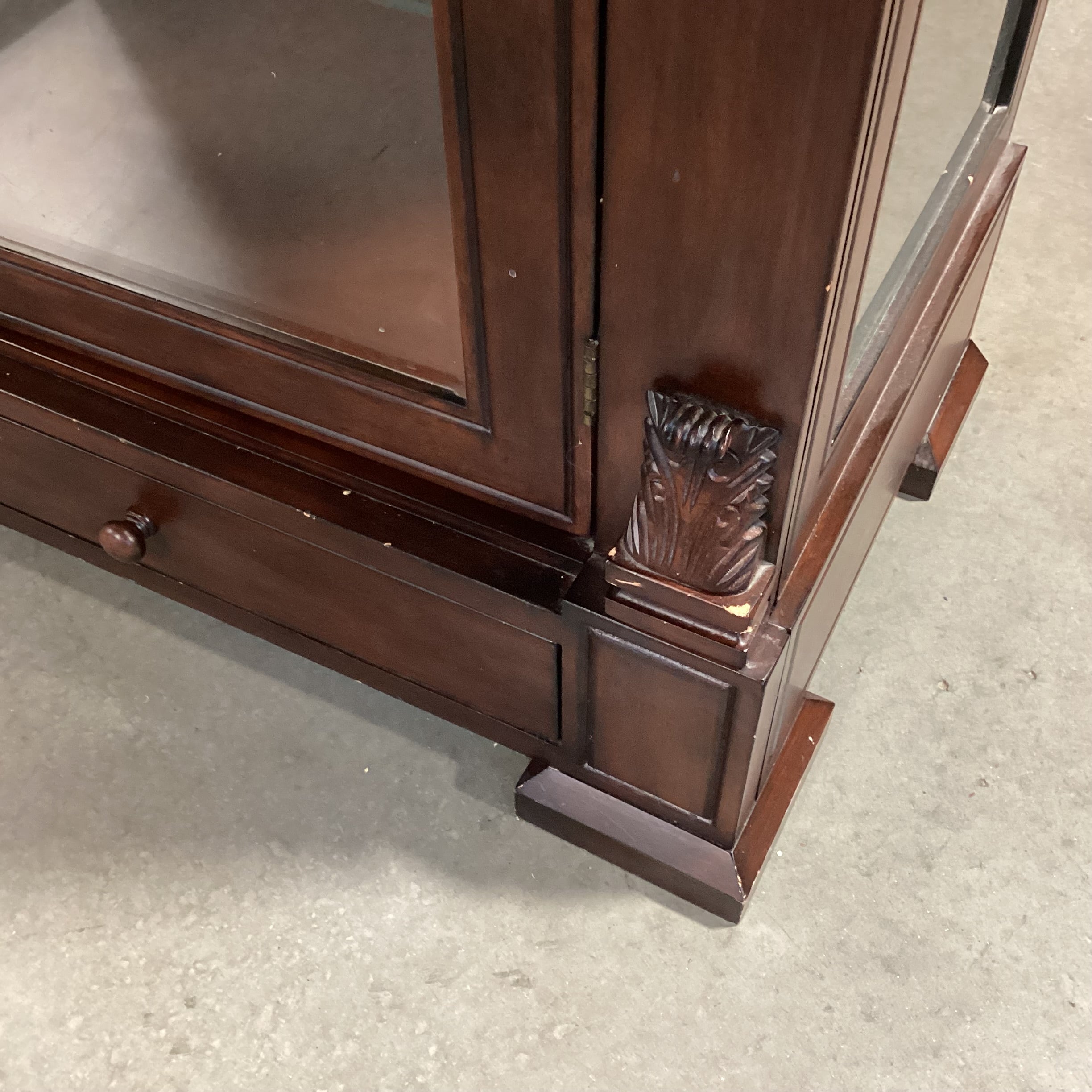 Dark Finish Carved & Glass 2 Drawer & Shelves Display Cabinet Bookcase