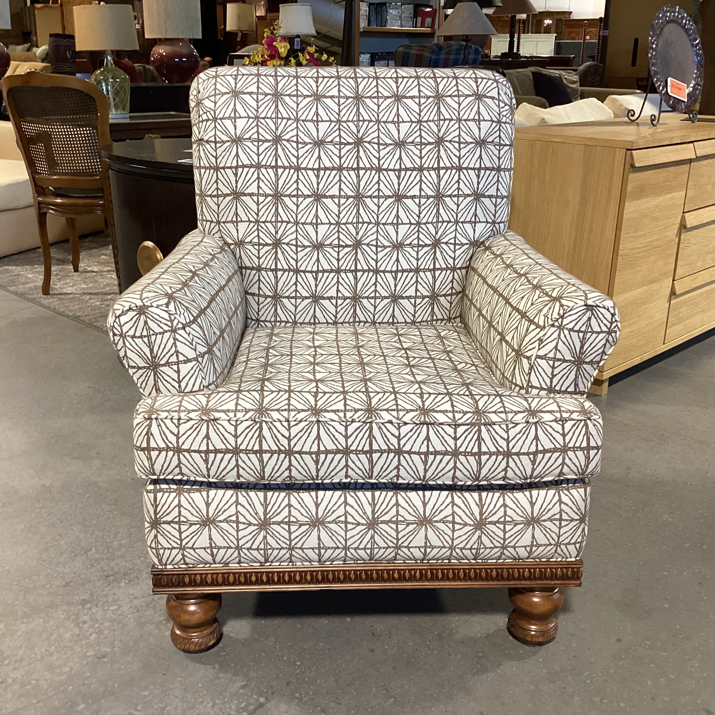 Ivory with Taupe Pattern Linen & Carved English Walnut Finish Chair 36"x 36"x 39"
