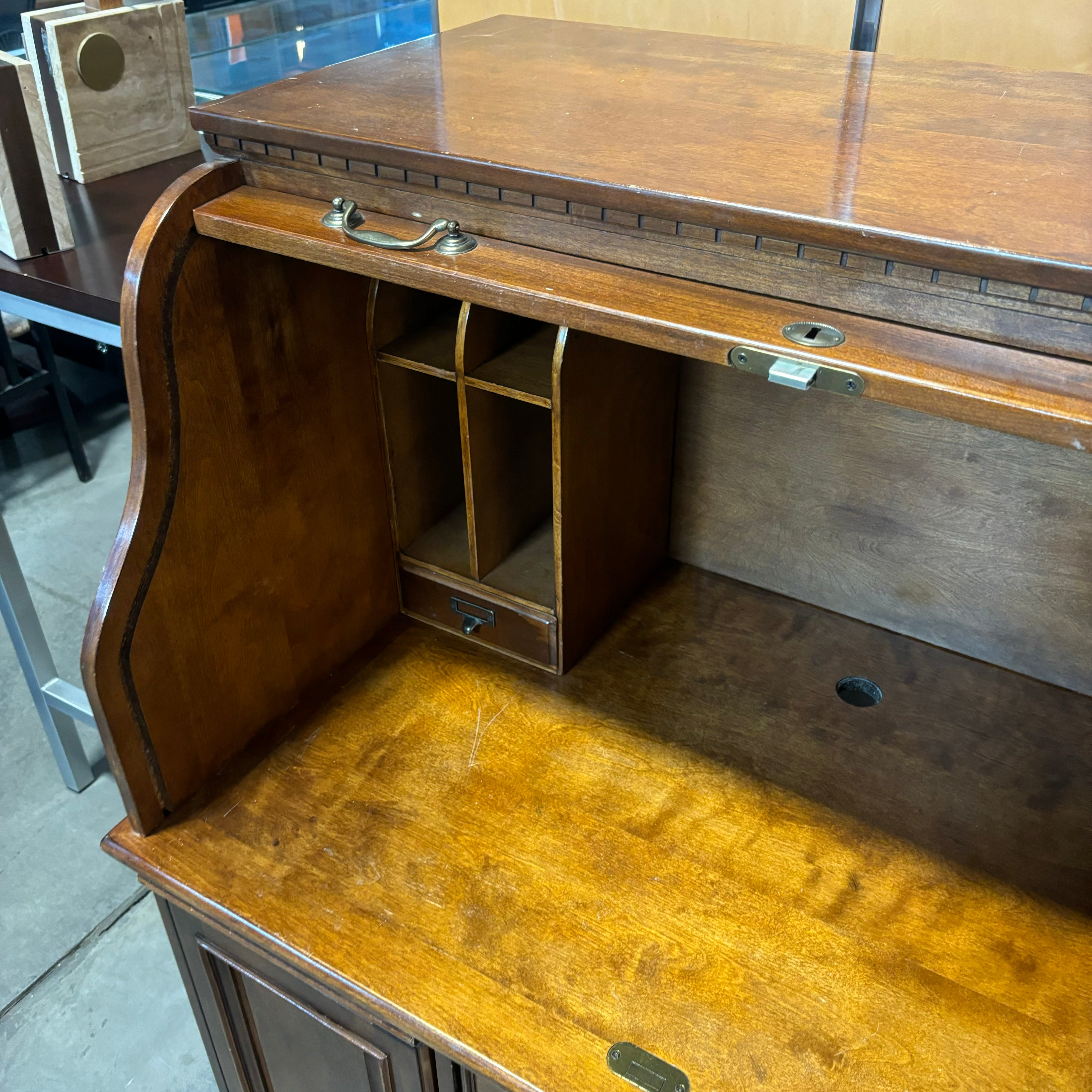 Dark Finish Wood 1 Door 2 Drawer & Pullout Surface Roll Top Desk 42.5"x 29"x 49"