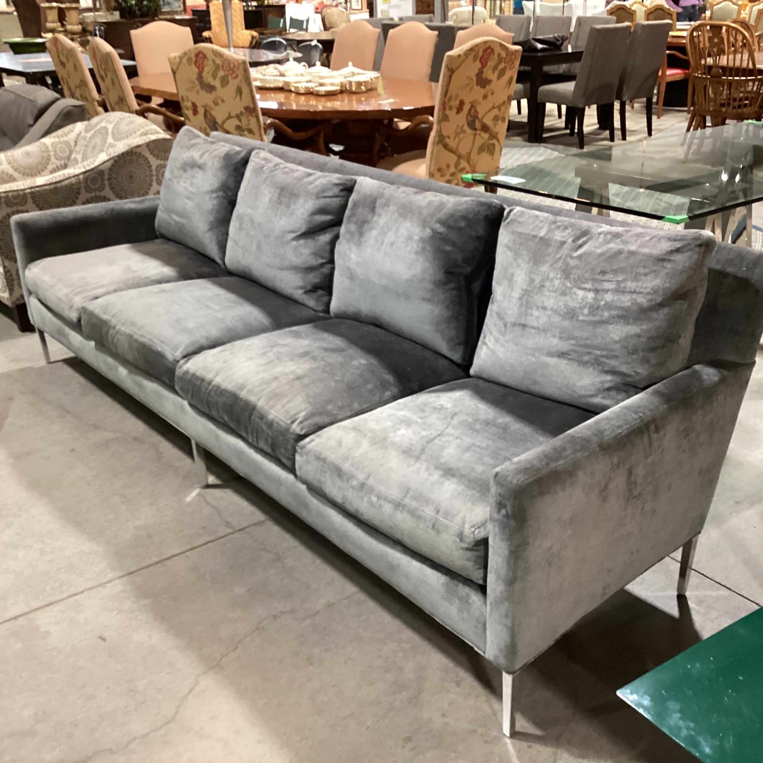 Lee Industries Custom Blue Grey Textured Velvet Down Mix & Chrome Modern Sofa 107"x 36"x 34"