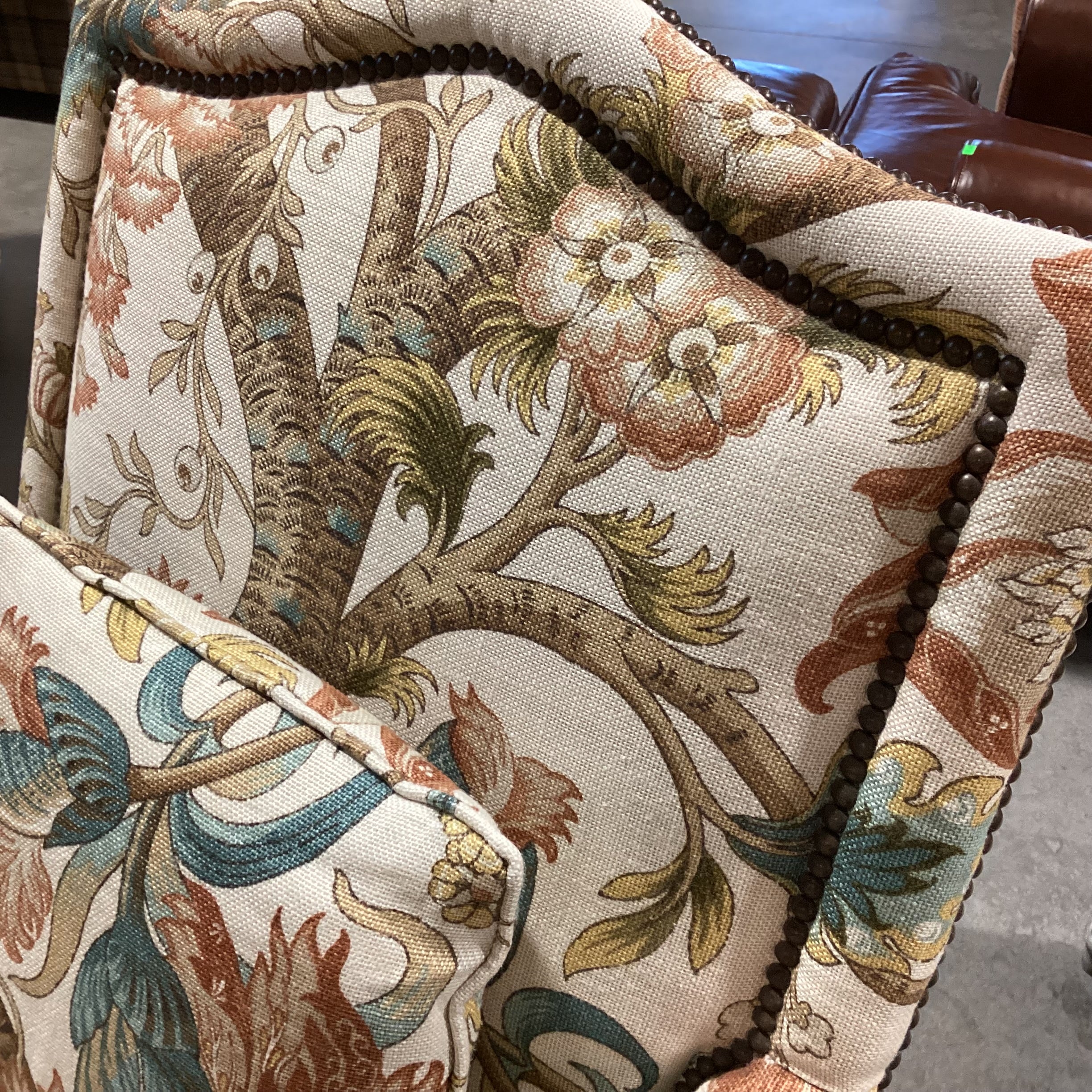 Carved Wood Rush Seat & Floral Belgian Linen Nailhead Chair 32"x 32"x 40"