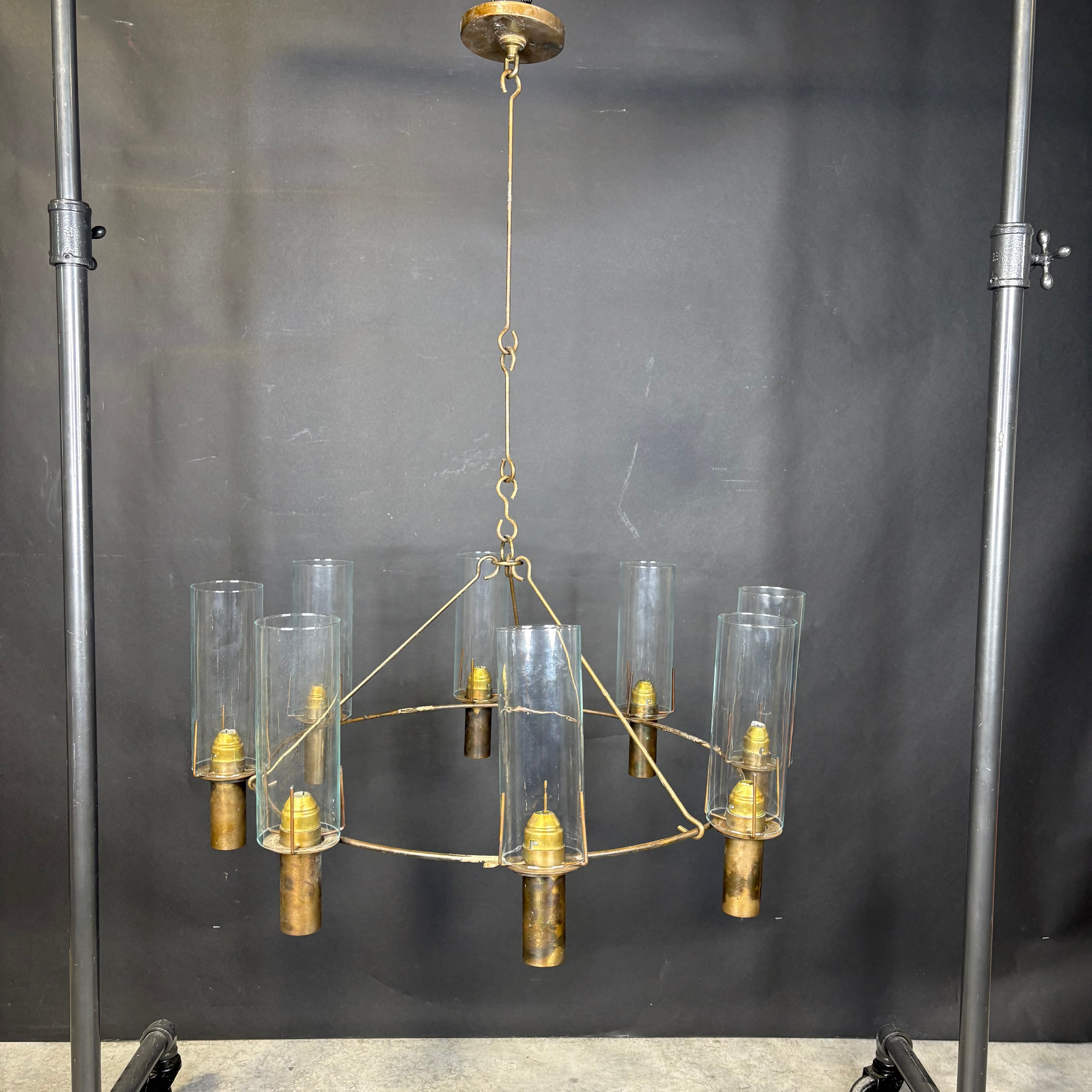 Rustic Industrial 8-Light Antiqued Brass and Glass Candle Chandelier 26” Diameter x 36”