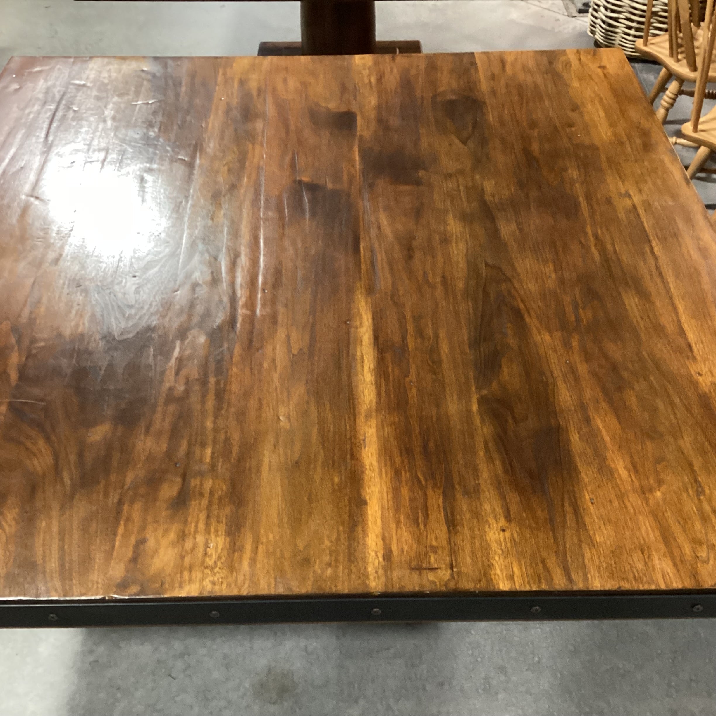 Custom Square Walnut with Pedestal & Iron Nailhead Edge Detail Dining Table 60"x 60"x 30.5"