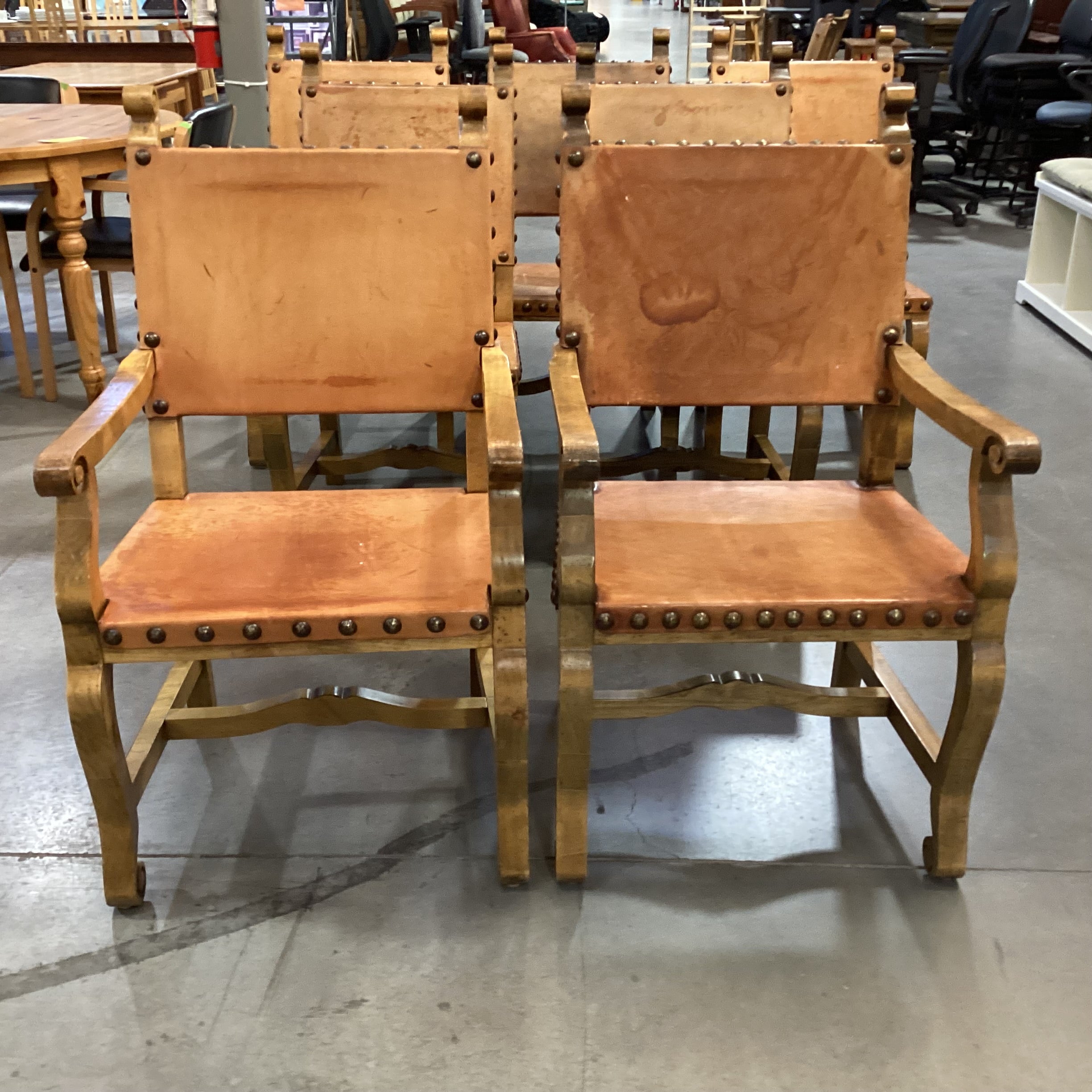 Set of 7 Carved Wood & Leather Nail Head Rustic Dining Chairs 23"x 24"x 41"