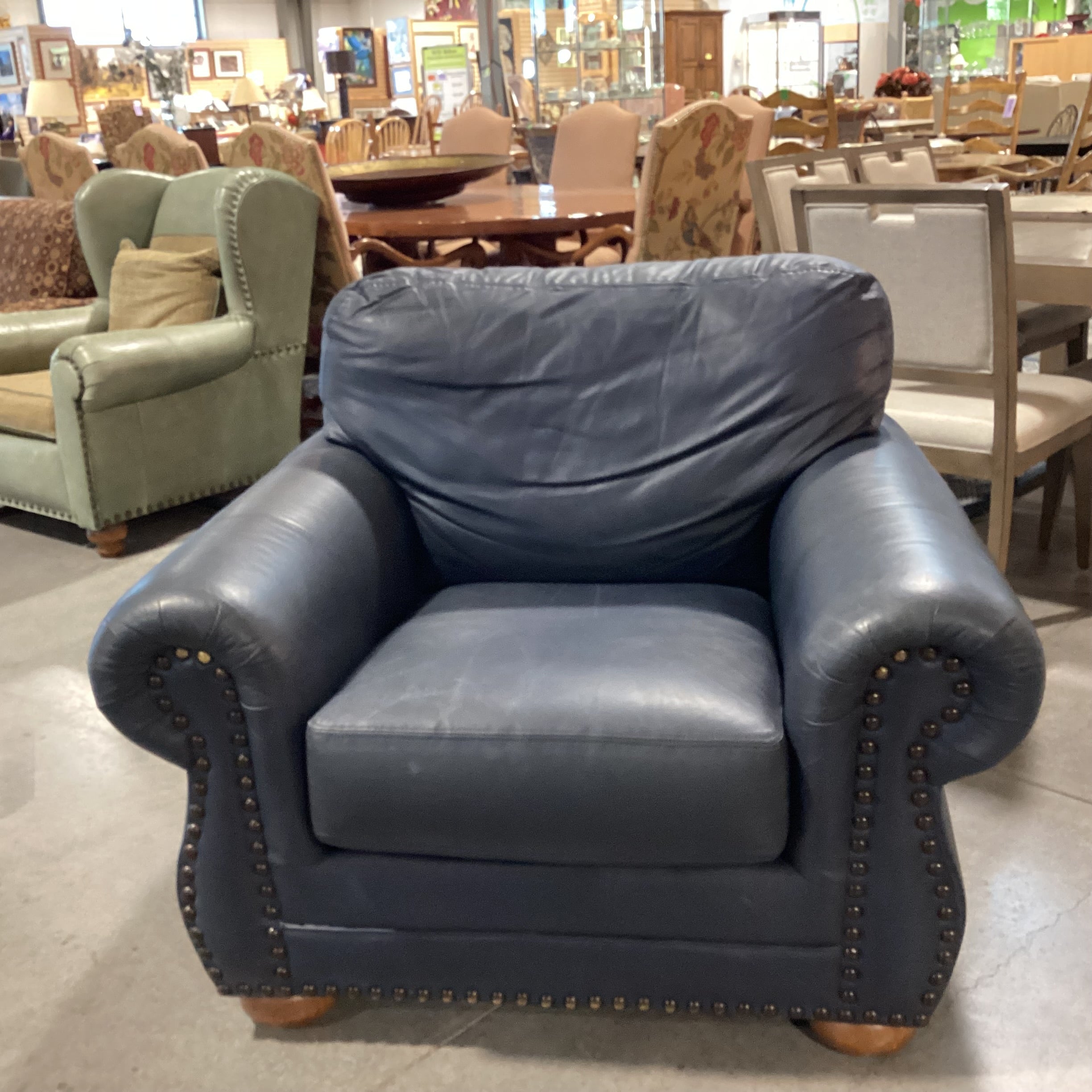 Creative Leather Furniture Highpoint Collection Navy Leather Nailhead Chair 45"x 38"x 37"