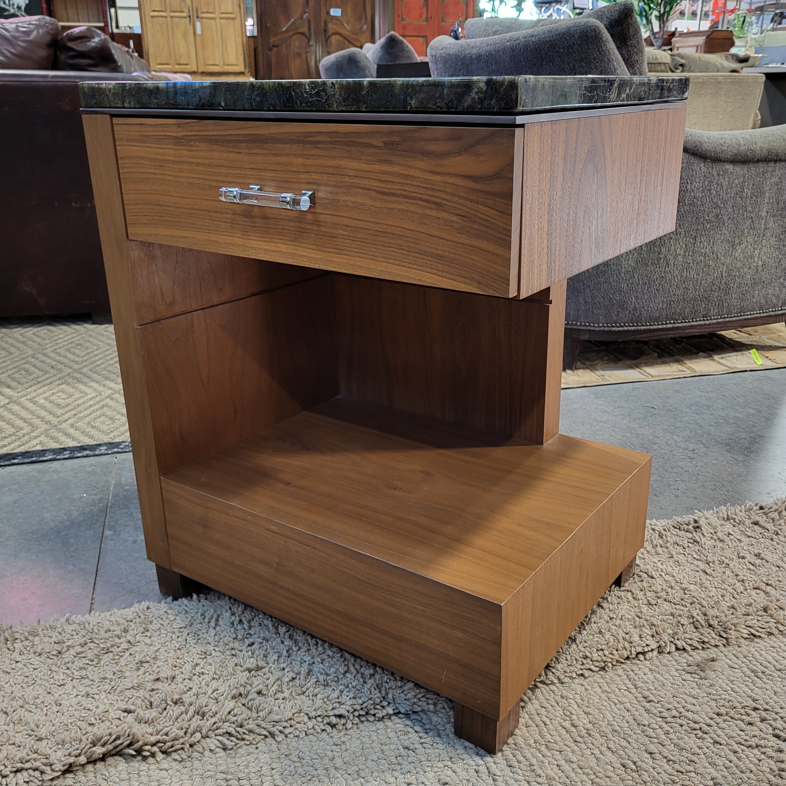 Custom Walnut Soft Close Drawer & Green Black Stone Top Nightstand 24"x 18"x 29"