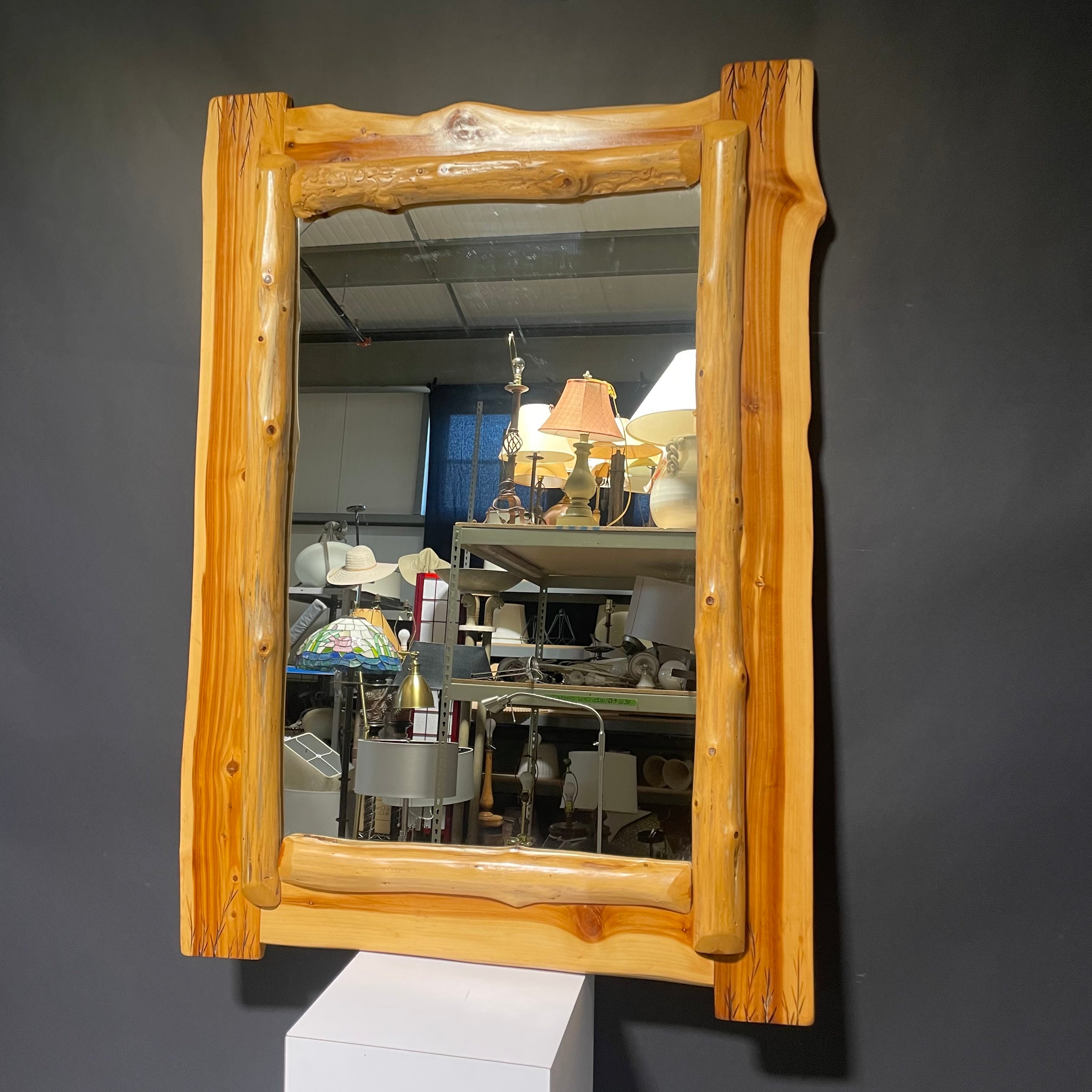 Live Edge Solid Natural Cedar Wood With Burned Wood Wall Mirror W/Branch Design 35 1/2" x 48"