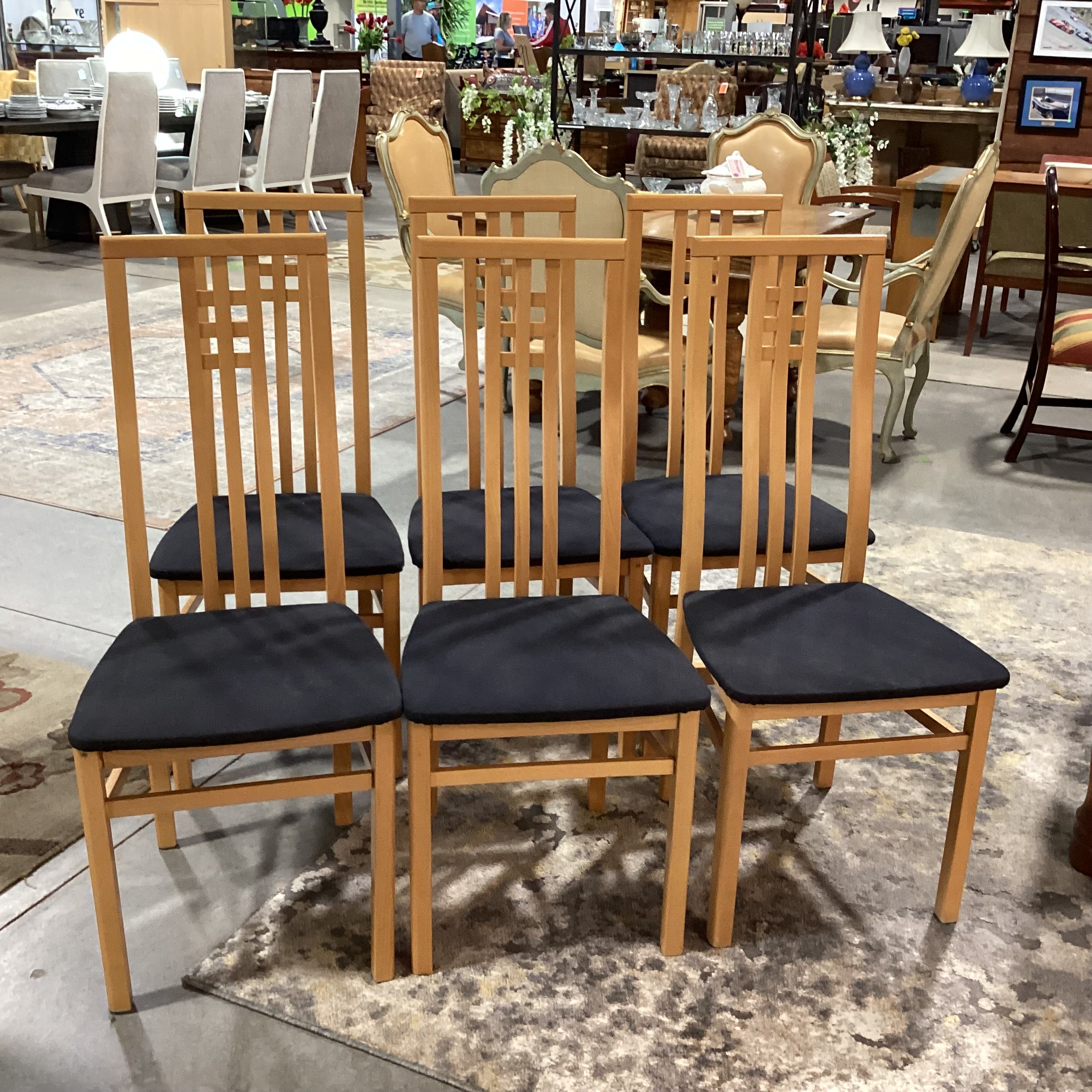 SET of 6 IMS SRL Made in Italy Arts & Crafts Style Italian Teak & Black Canvas Dining Chairs 18"x 21"x 42"