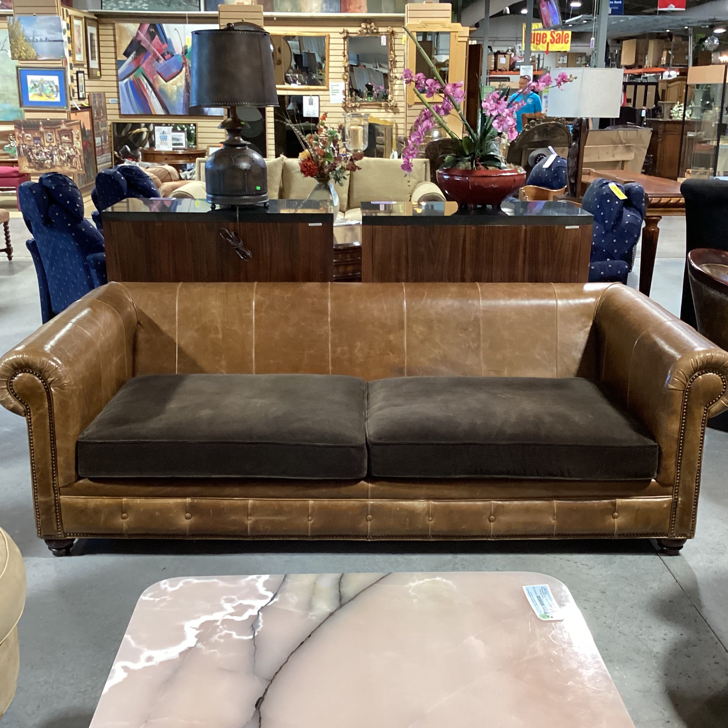 Leather Nail Head Roll Arm & Back with Brown Velvet Seat Cushions Sofa 94"x 46"x 30"