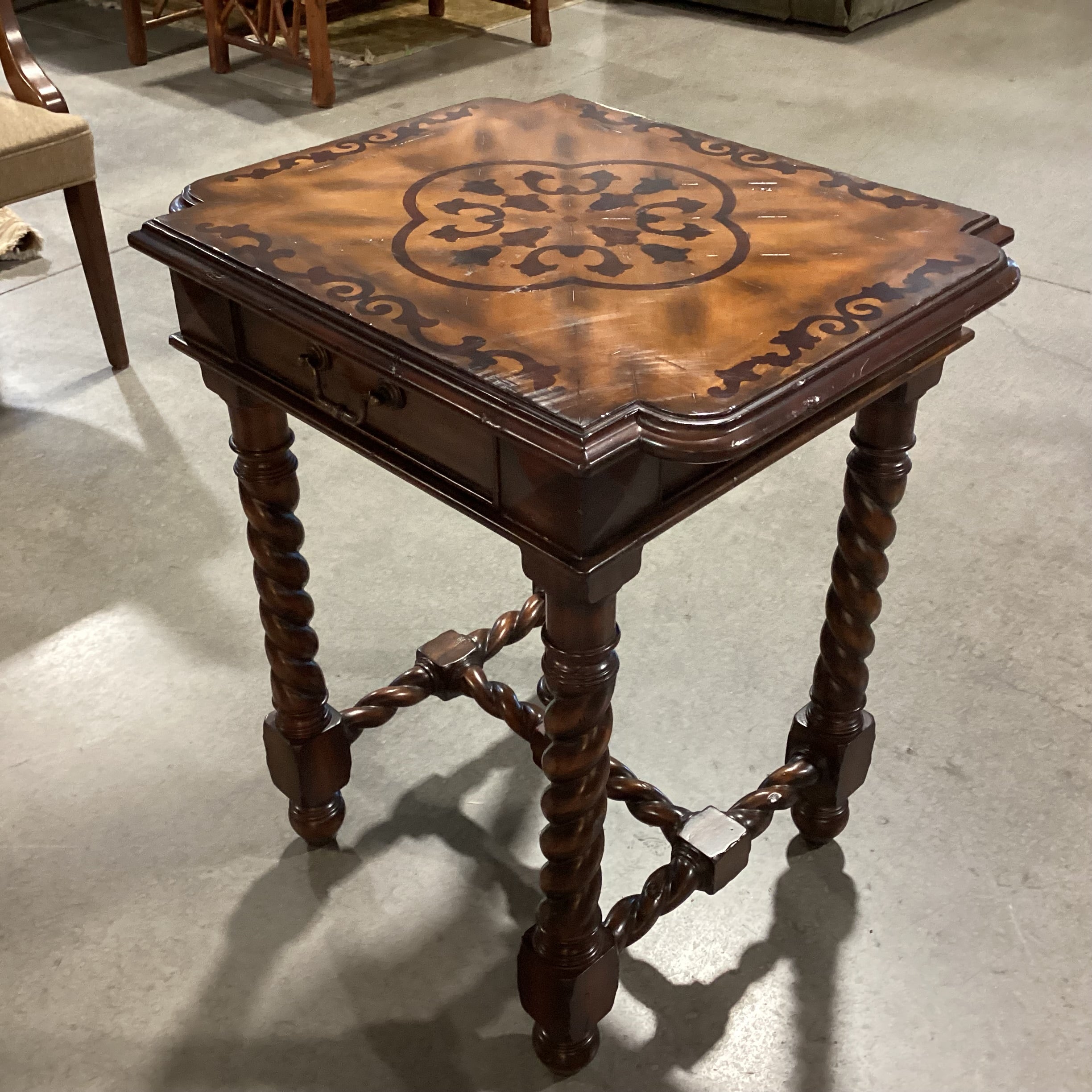 Maitland Smith Ornate Carved Spiral Leg & Trestle with Inlay & Drawer Accent Table 24.5x 20.5x 28.5"